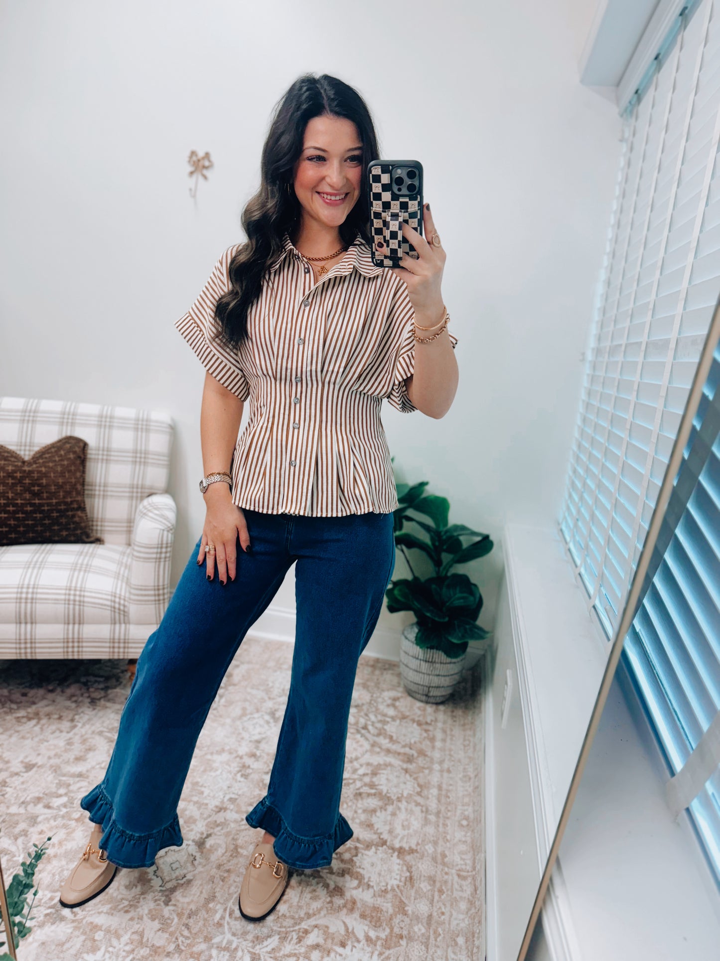 Willow Striped Pleated Button Top - Brown