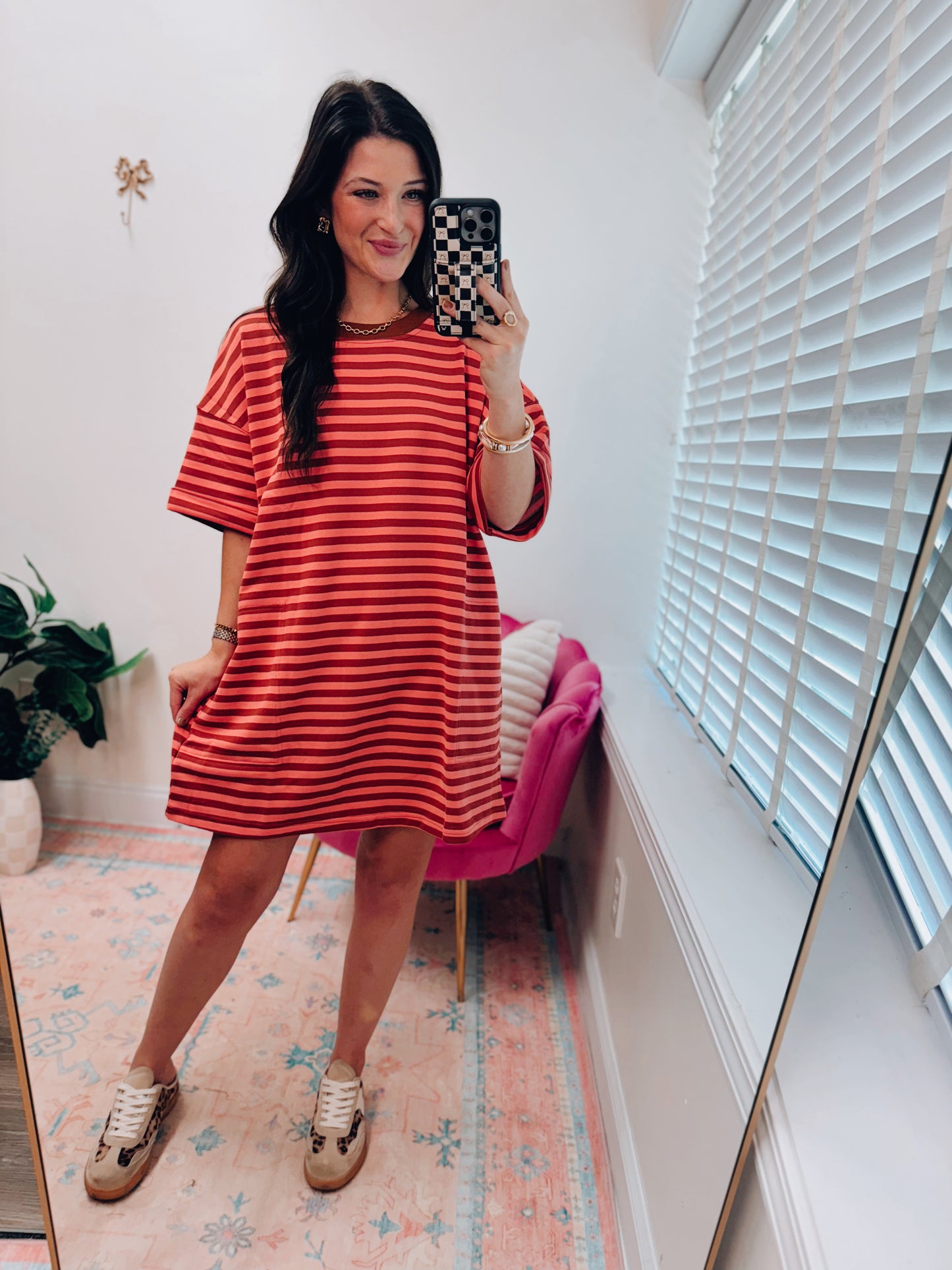 Stripe Knit Pullover Tee Dress - Rust
