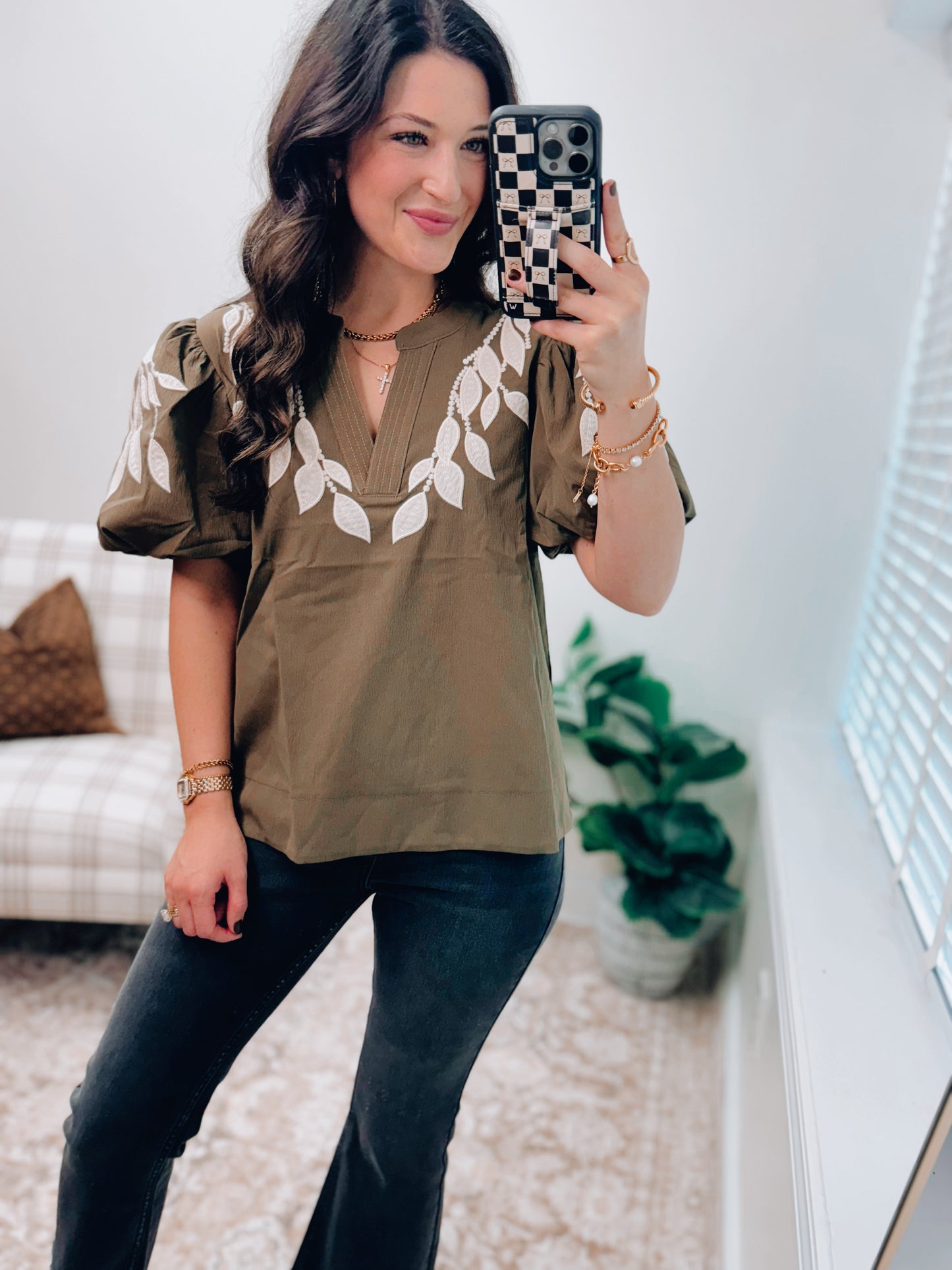 Jett Olive Embroidered Puff Sleeve Top