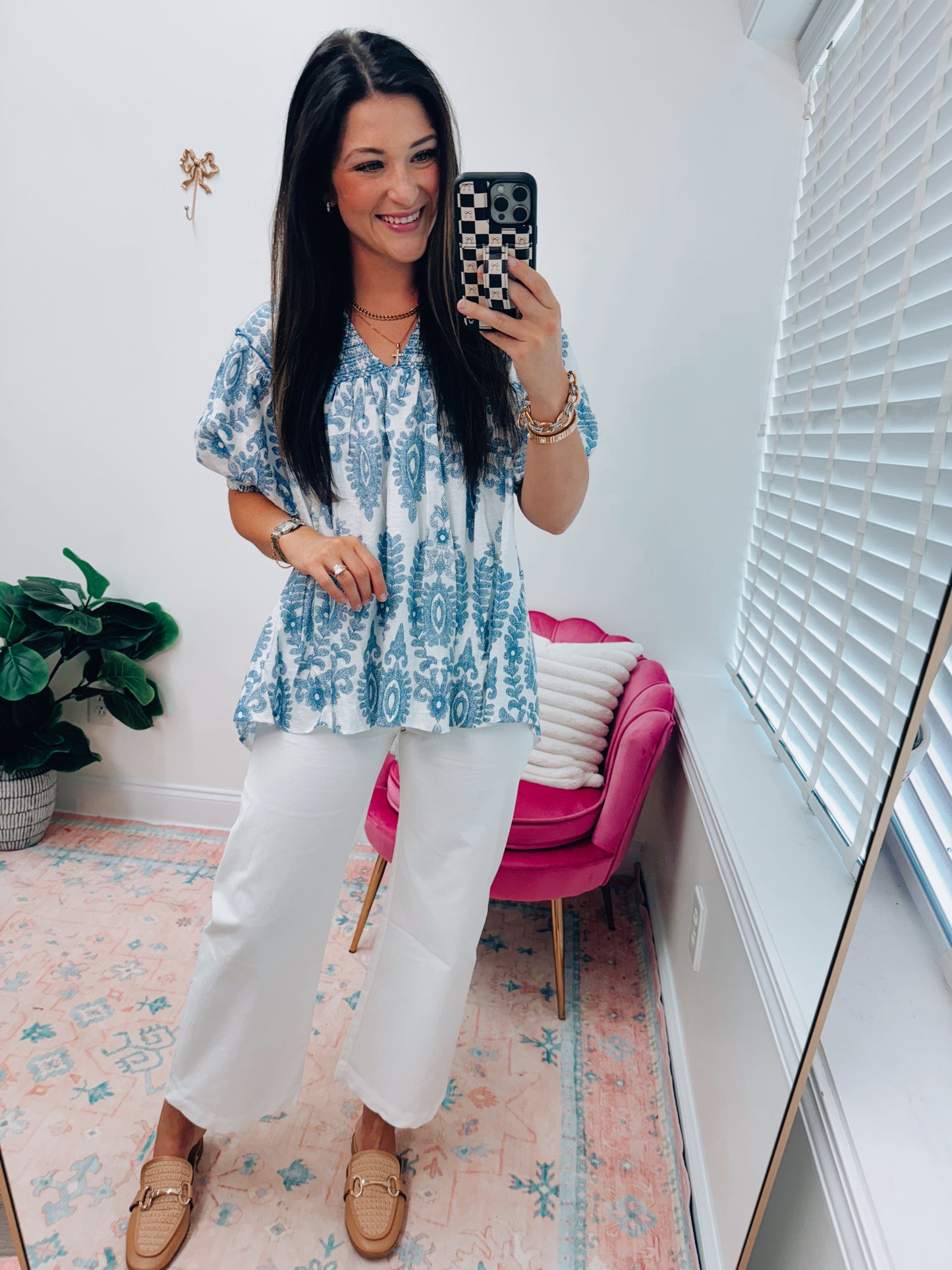 Lolli Smocked Blue Print Top