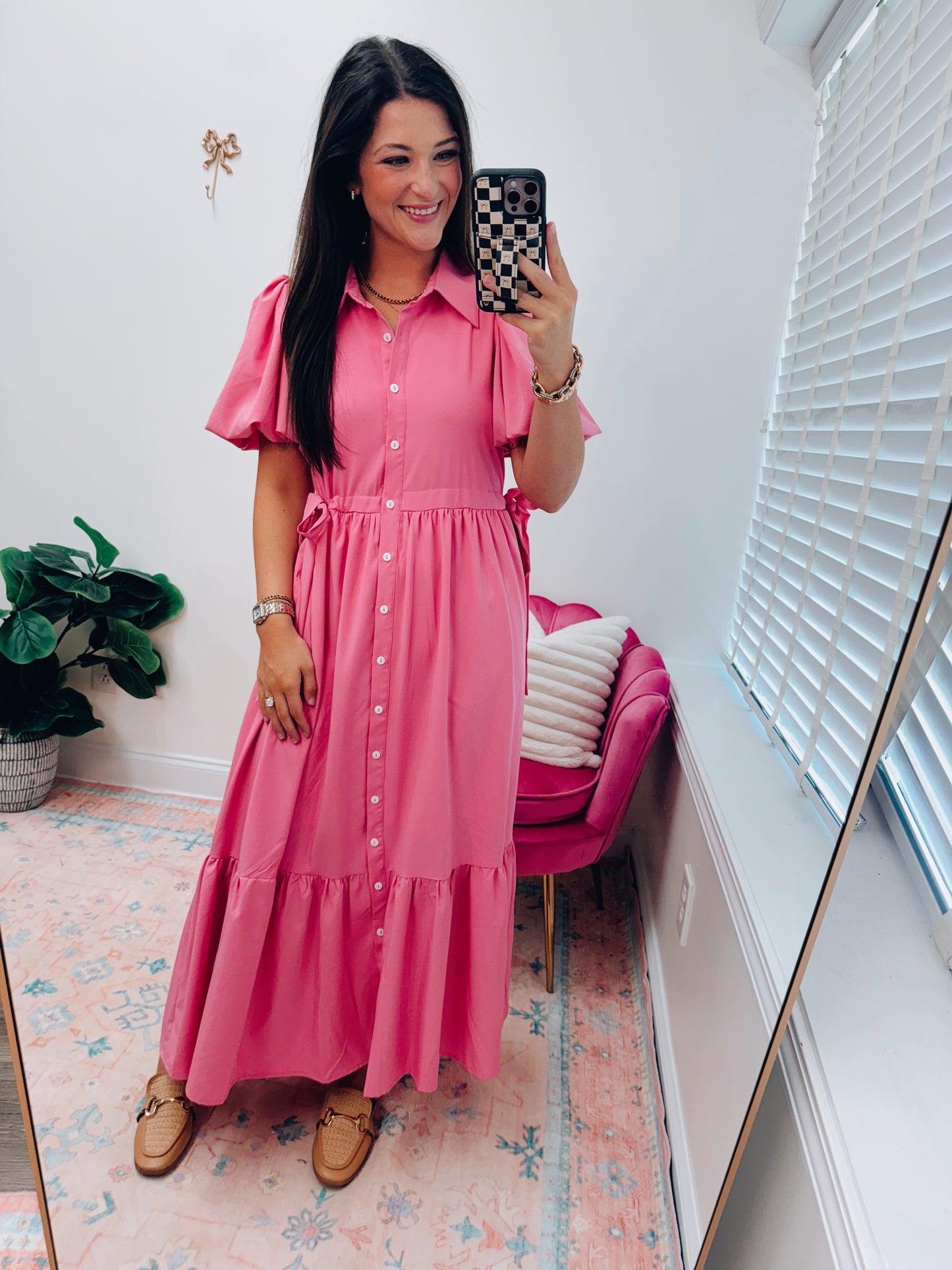 Pink Bubble Sleeve Button Maxi Dress