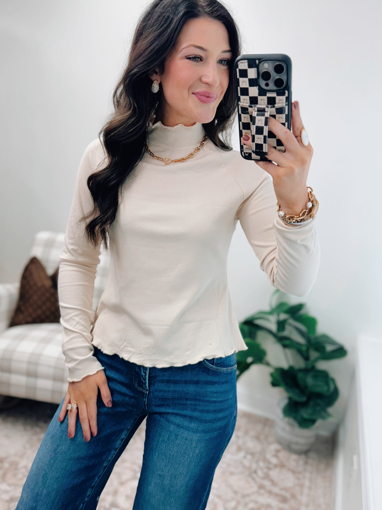 Milton Ruffle Mock Neck Layer Top - Beige