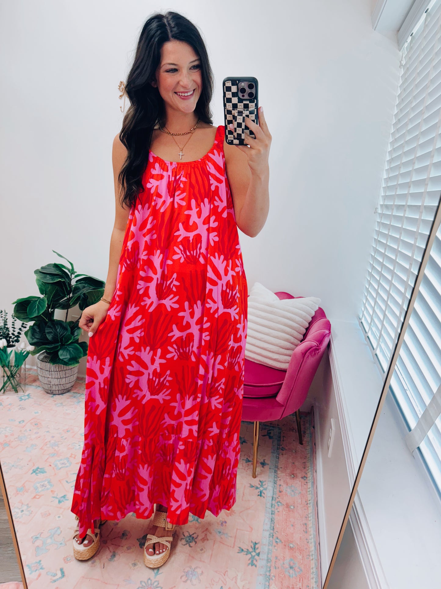 Tropical Coral Tiered Maxi Dress