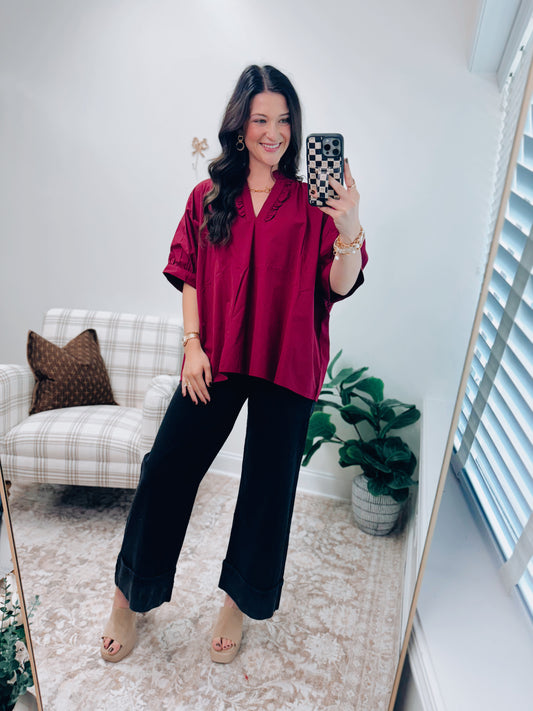 Maroon Dolman Ruffle Top