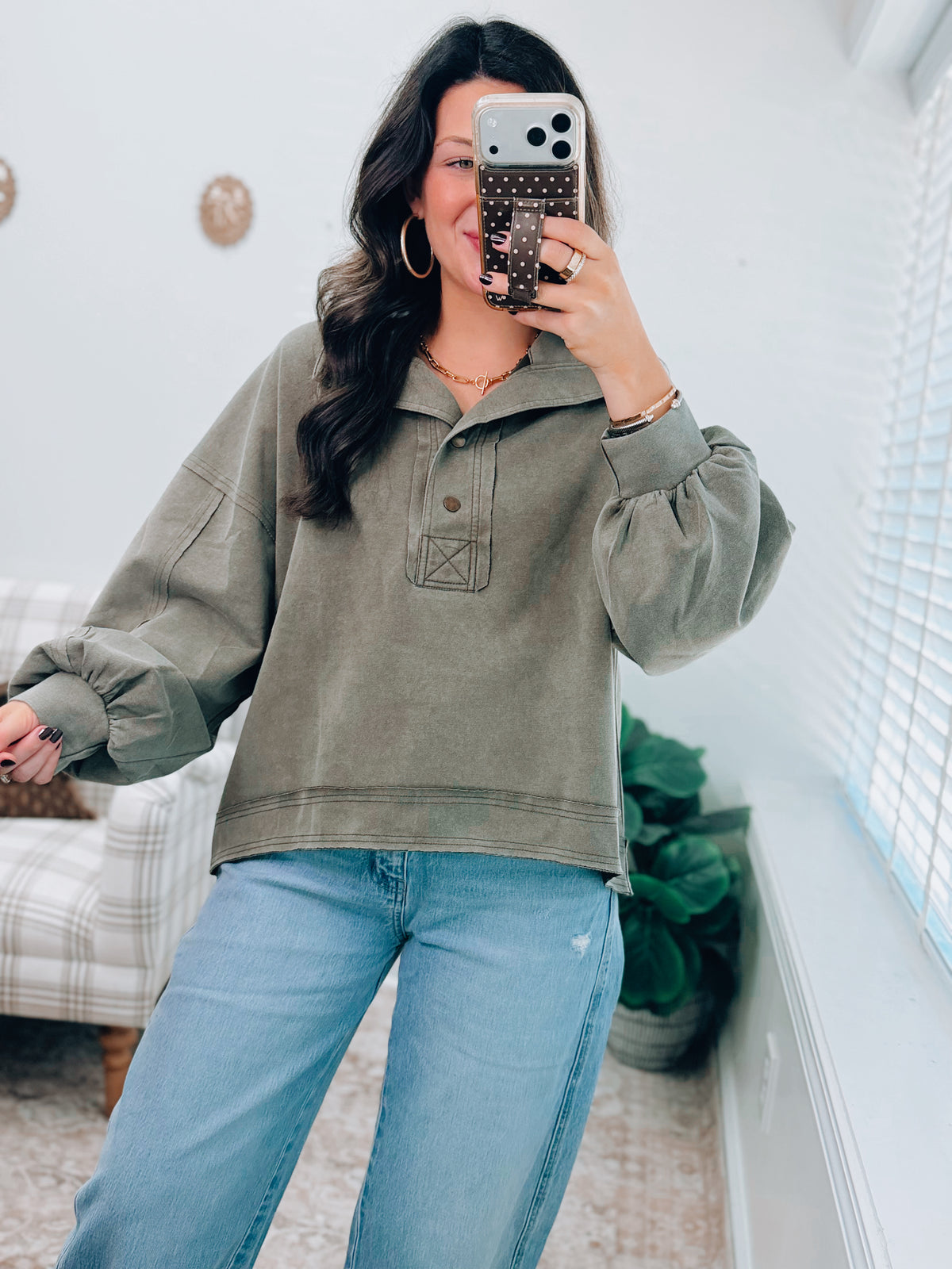 Olive Suede Button Oversized Top