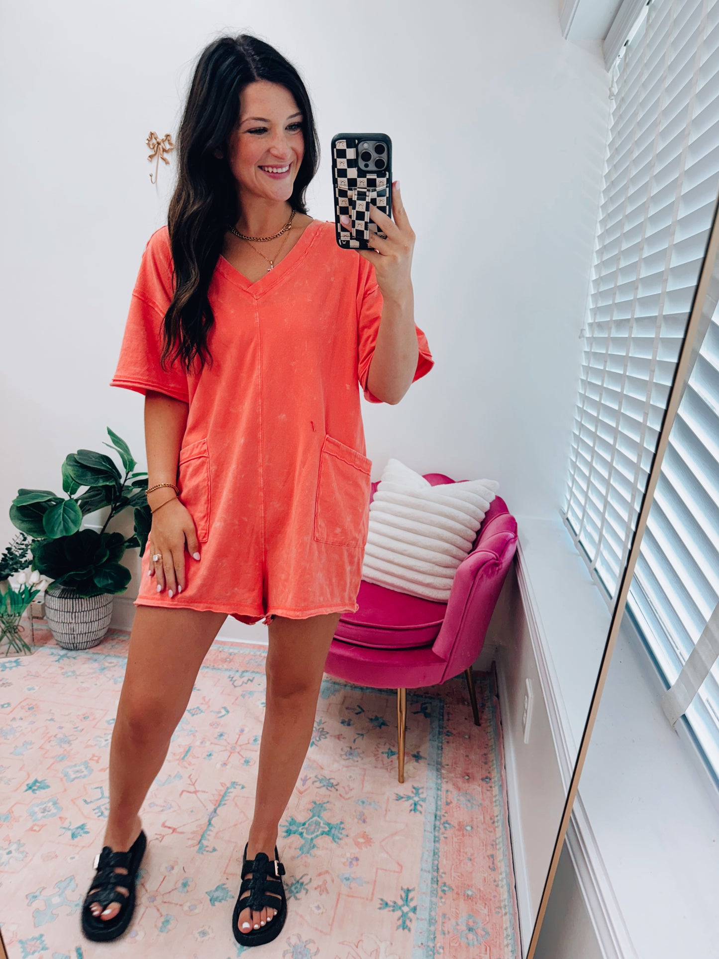 Mineral Washed Oversized Casual V Knit Romper - Coral