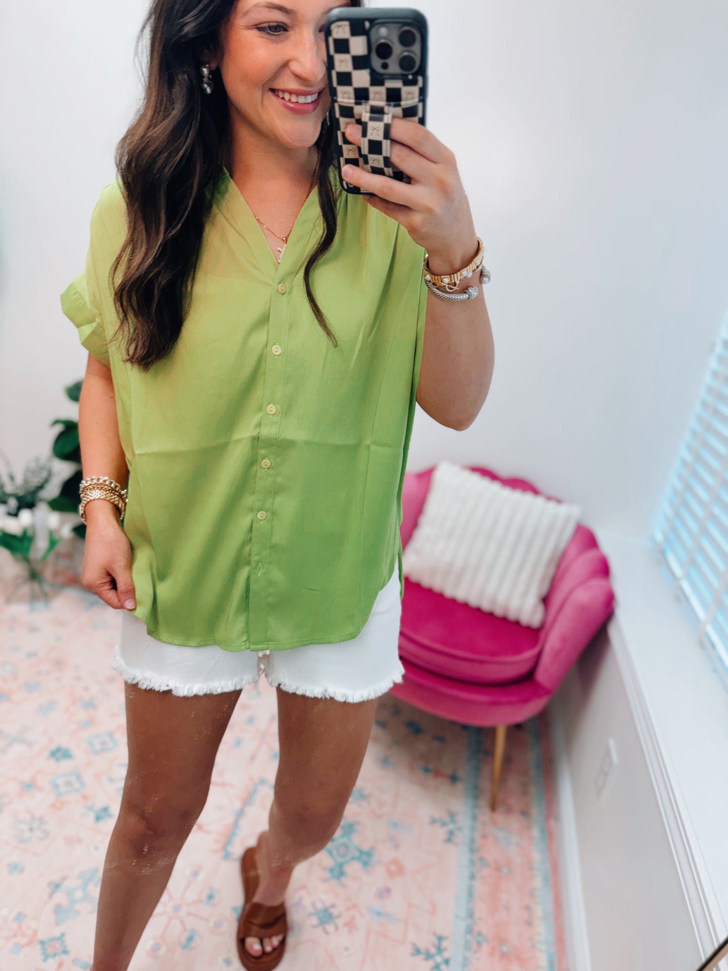 Lime Satin Button Top