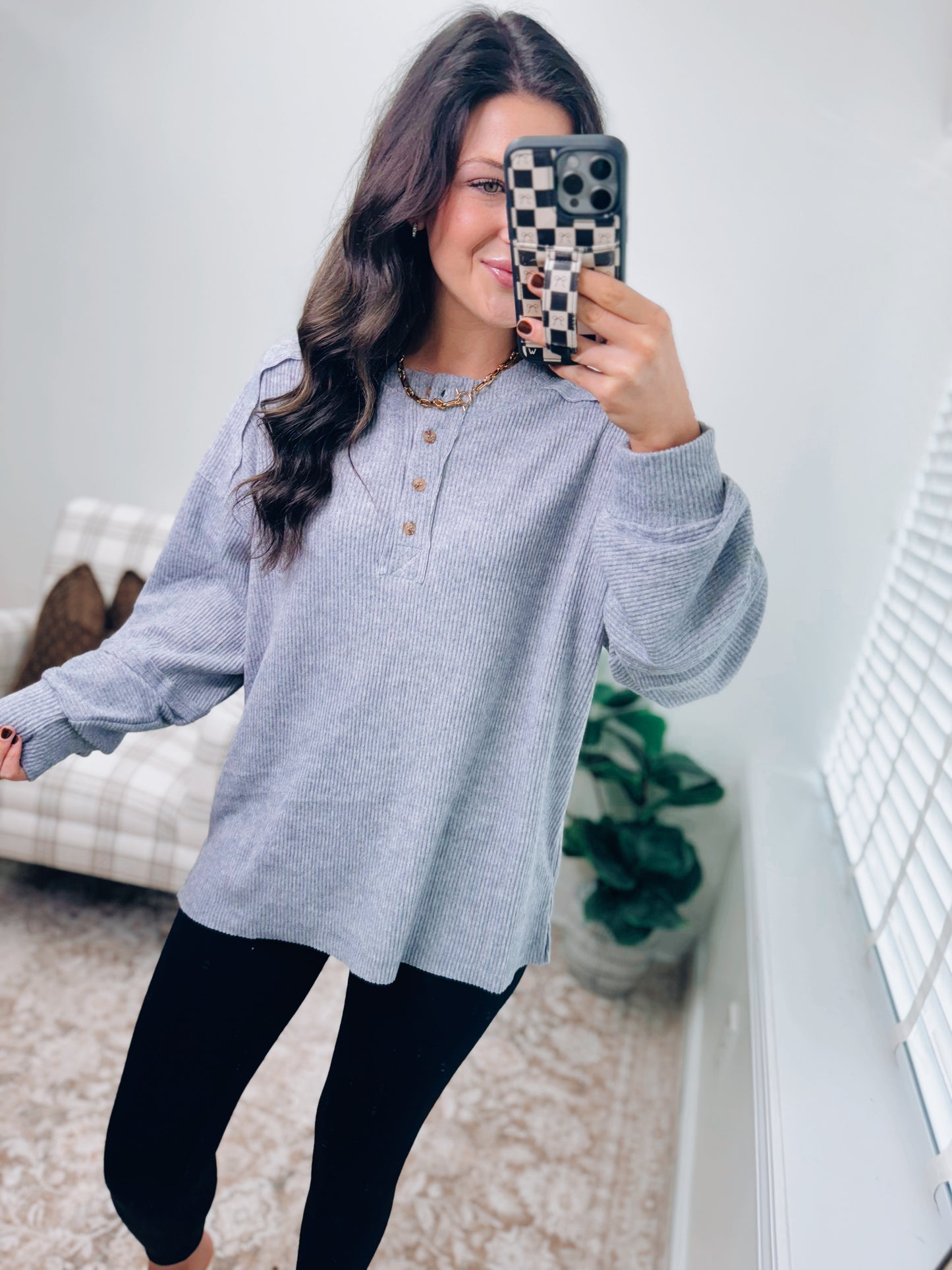 CURVY | DOORBUSTER Button Brushed Ribbed Sweater - Heather Gray