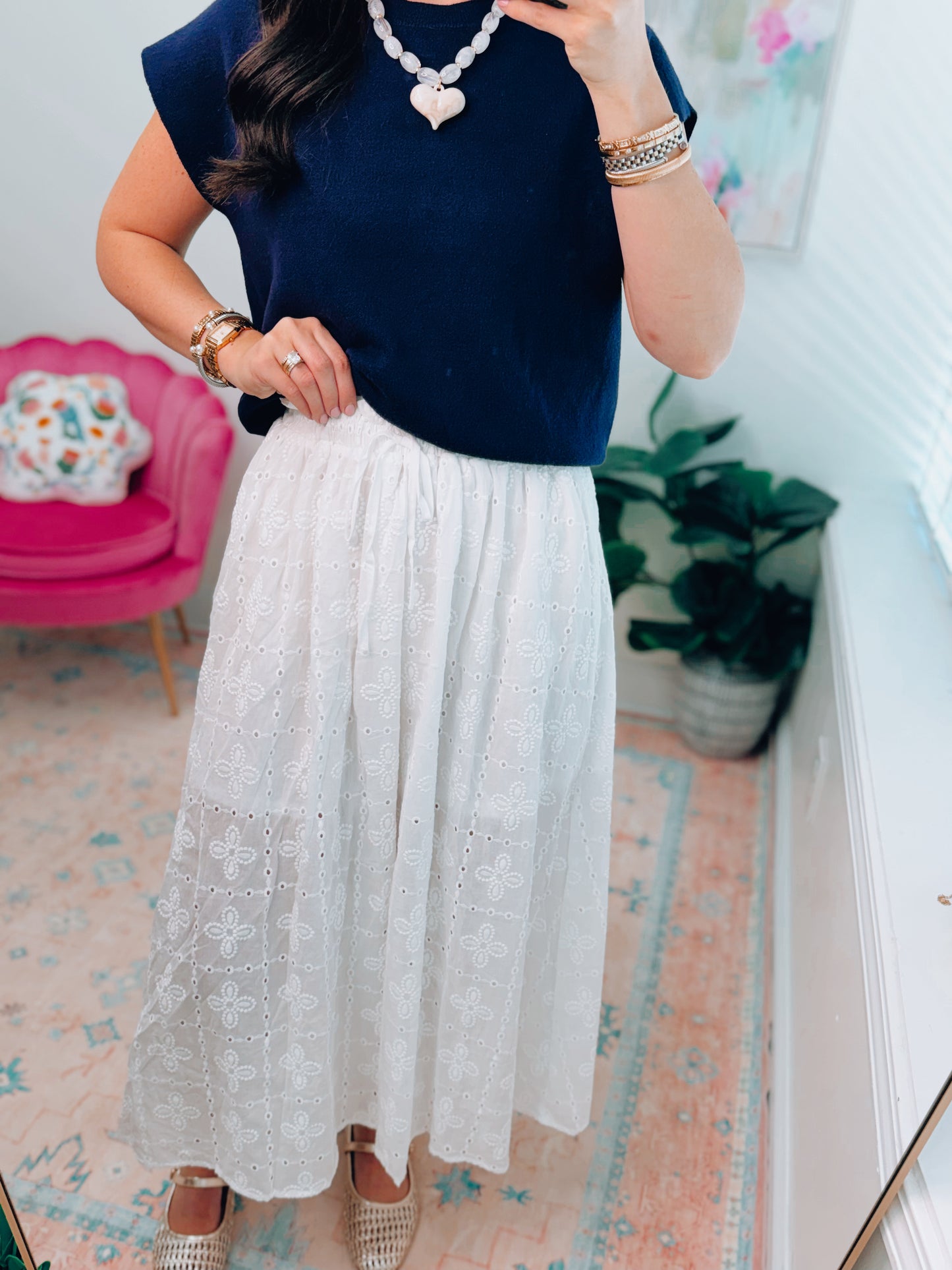 Eyelet Ruffle White Midi Skirt
