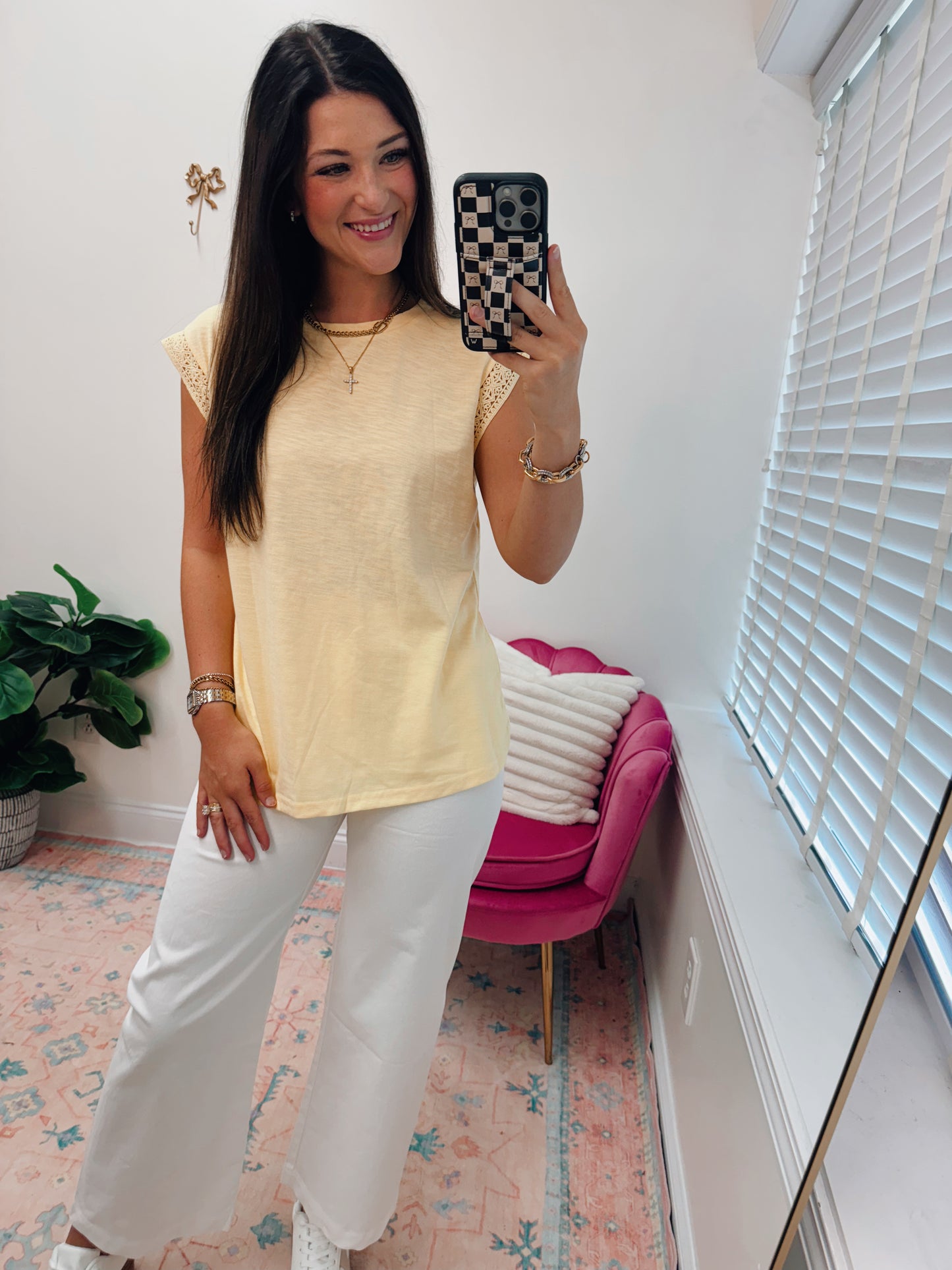 Creamy Yellow Eyelet Cuff Top