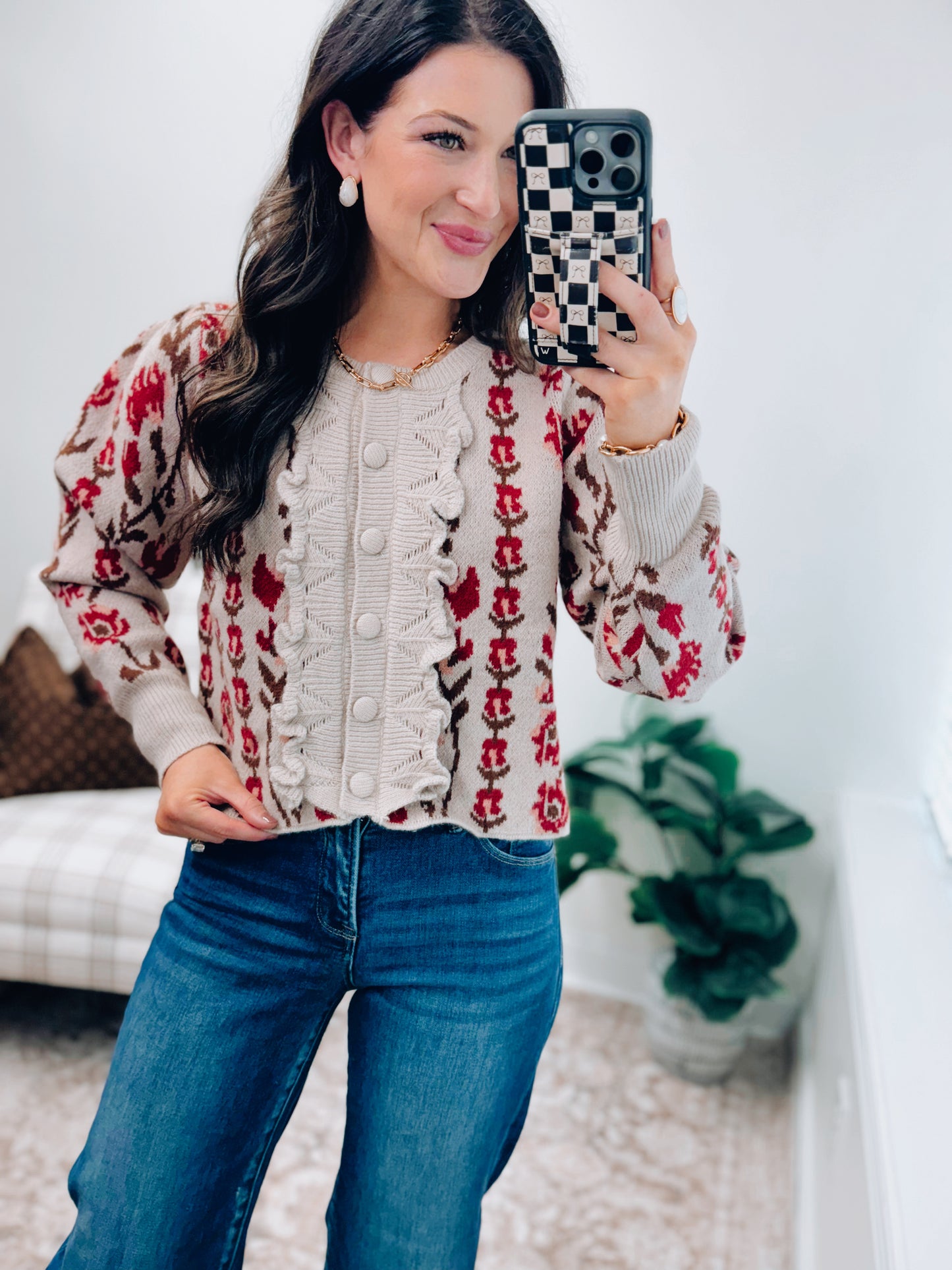Vertical Floral Puff Sleeve Knit Cardigan Top