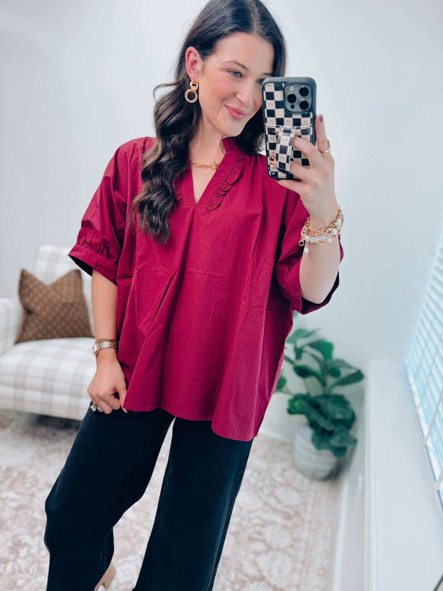 Maroon Dolman Ruffle Top