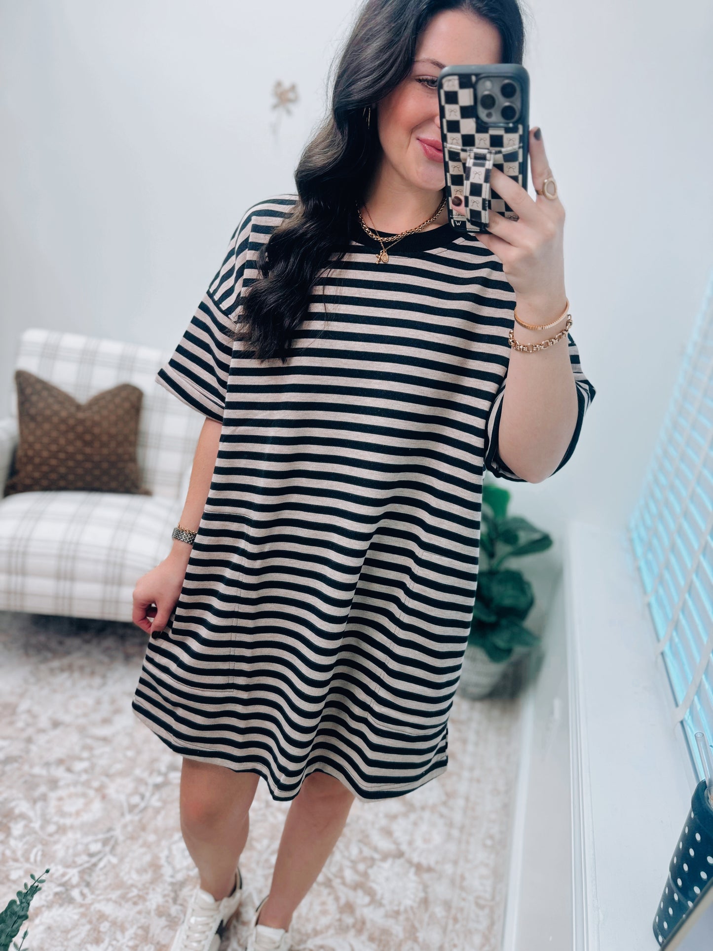 Stripe Knit Pullover Tee Dress - Black