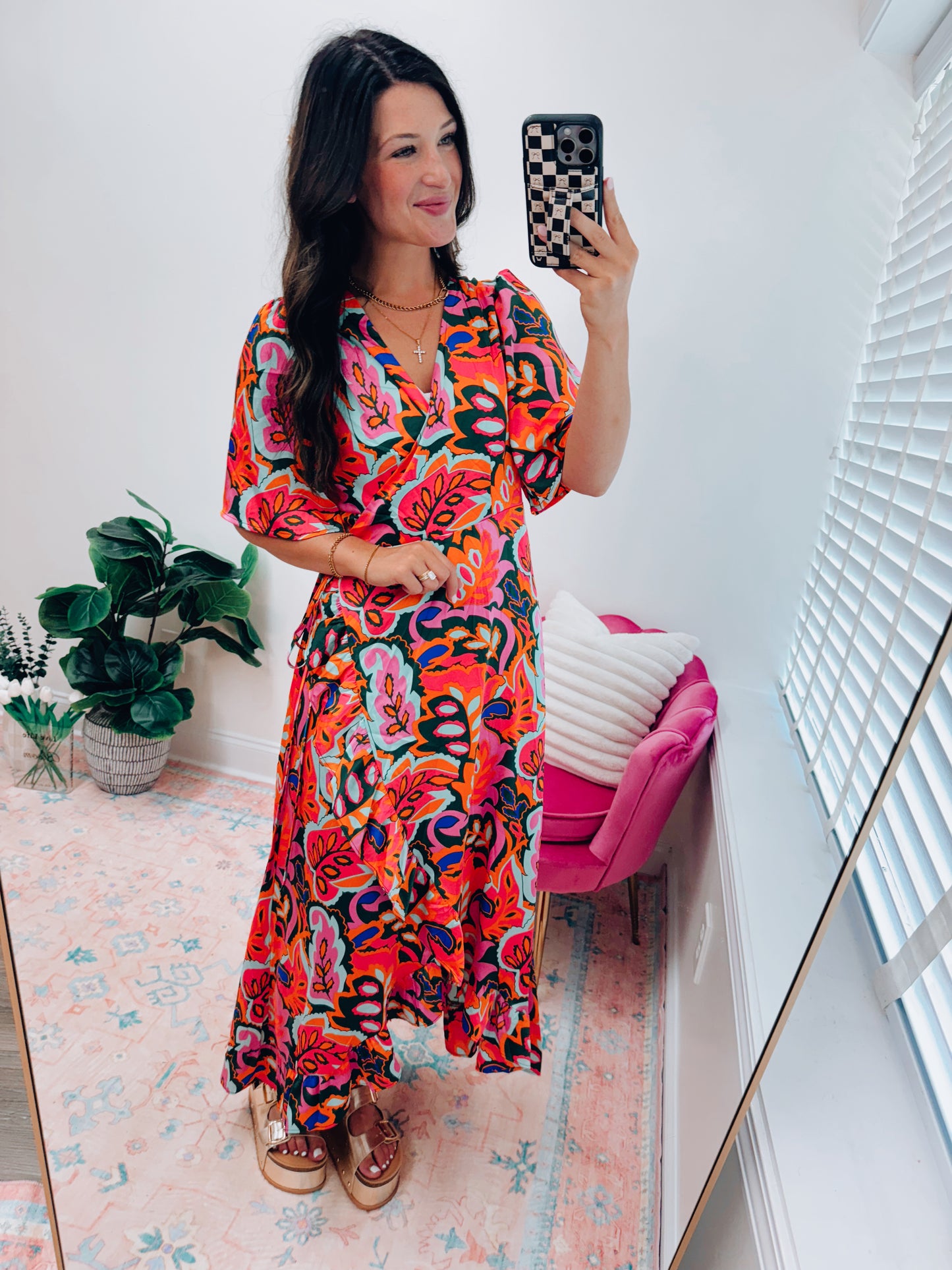Rose Summer Tropicals Wrap Midi Dress