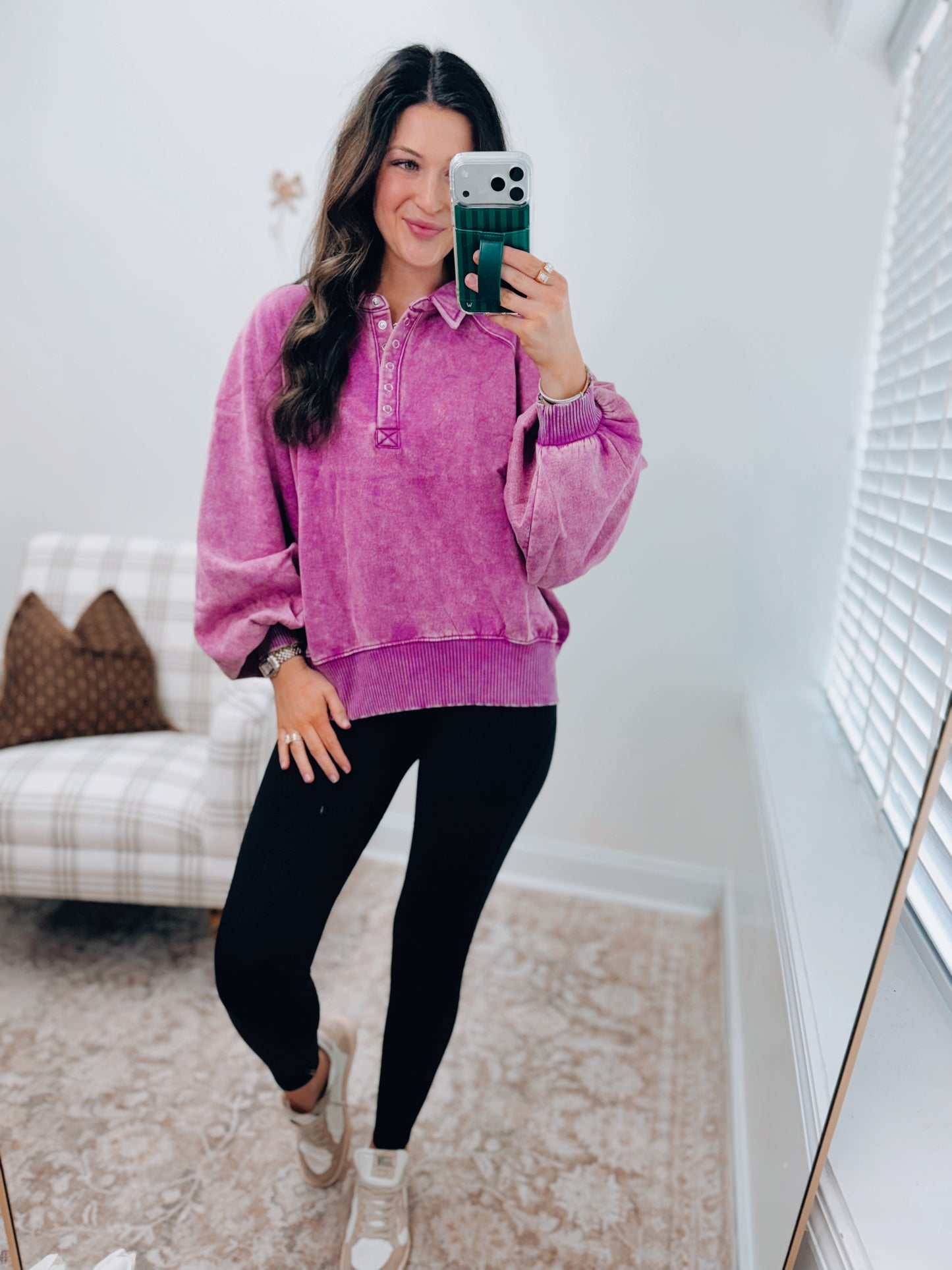 Mineral Wash Button Pullover - Plum