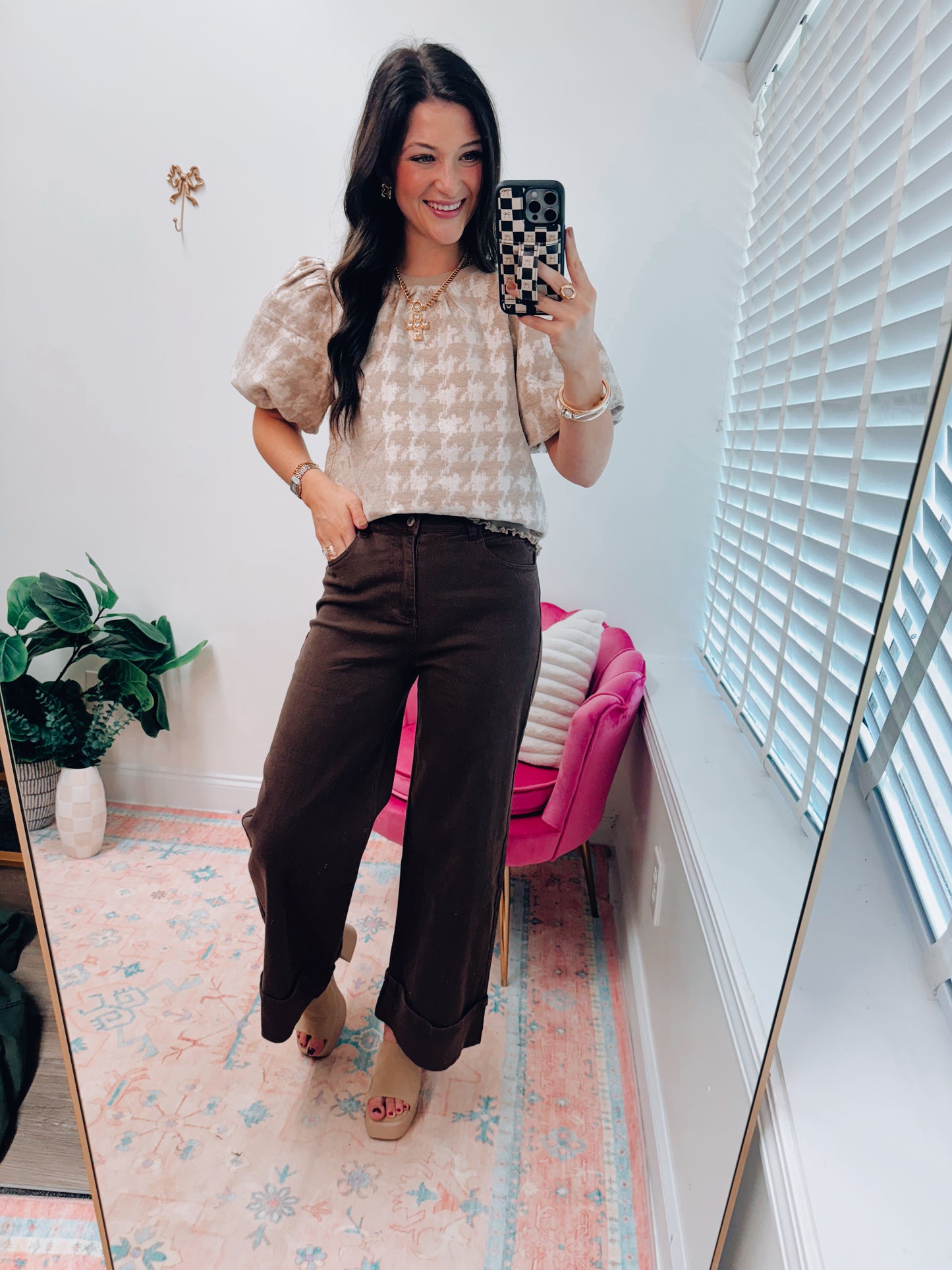 Houndstooth Velvet Puff Top