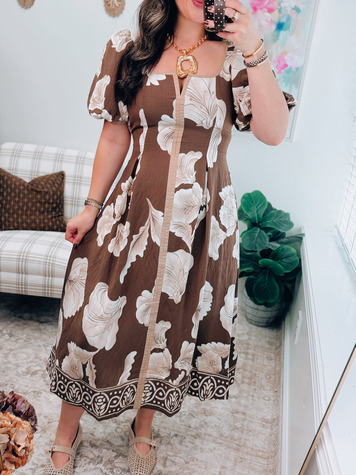 Marigold Brown Pleated Midi Dress