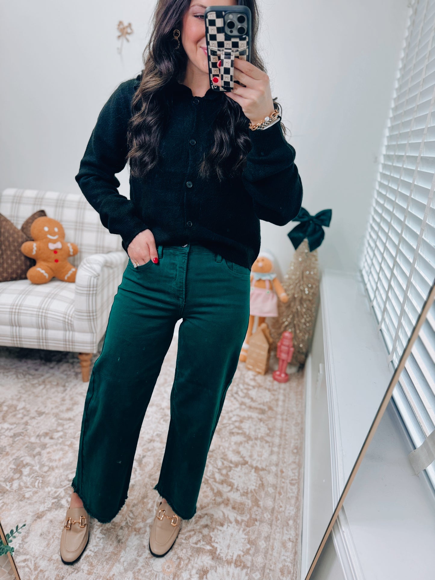 CURVY Hunter Green Risen Tummy Control Wide Leg Denim