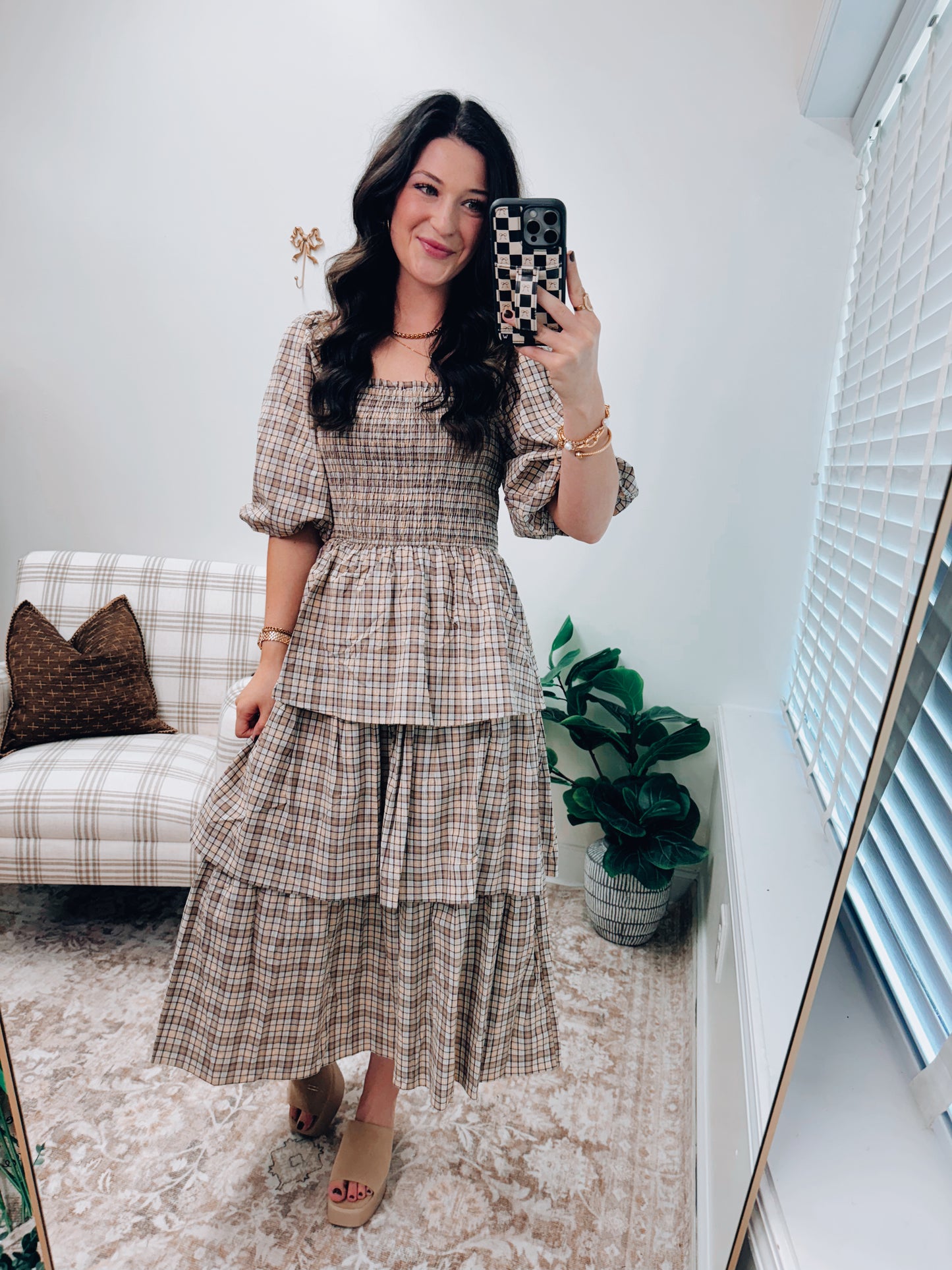 CURVY Crinkled Plaid Smocked Top Midi Dress
