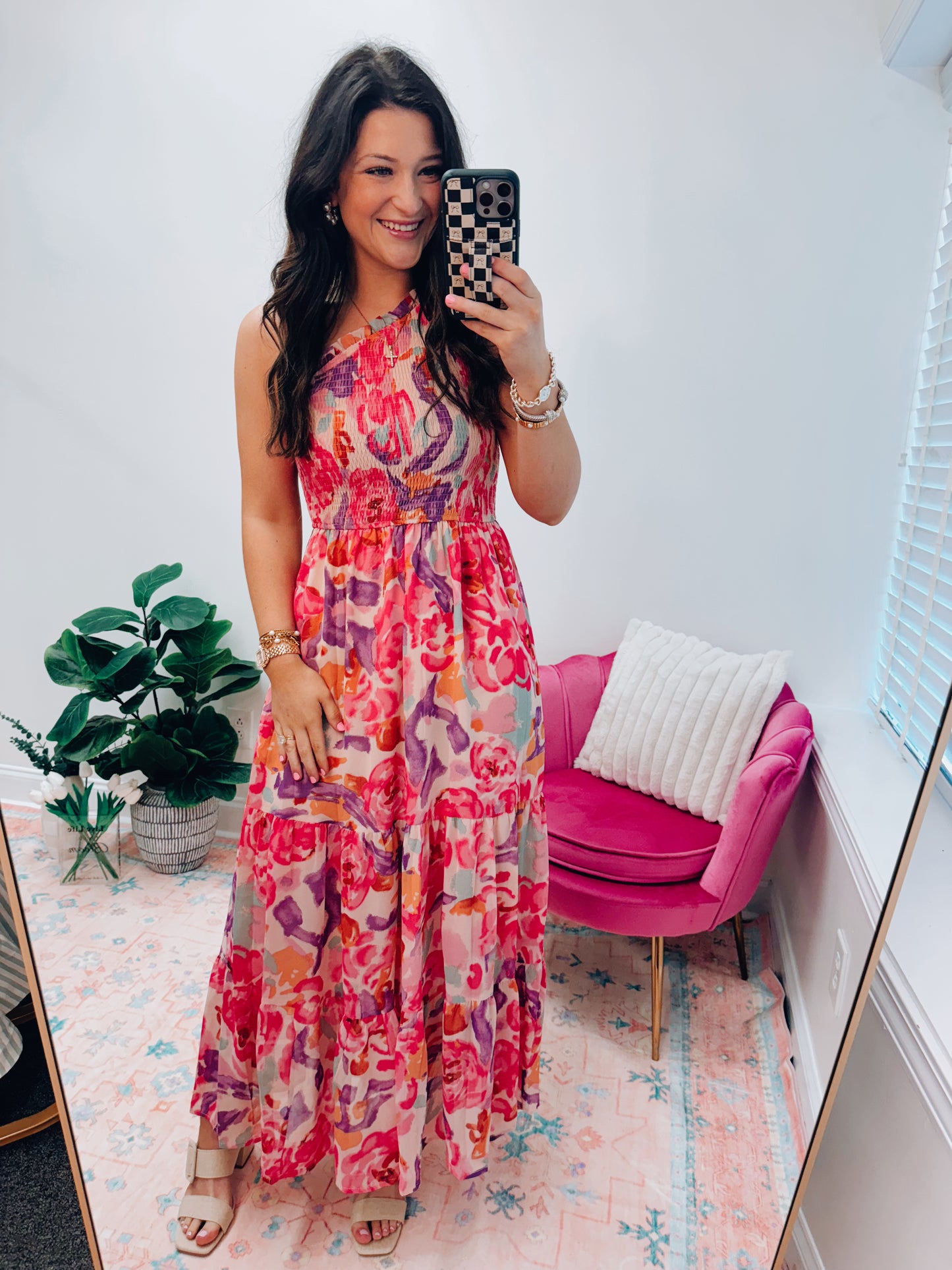One Shoulder Smocked Abstract Maxi Dress