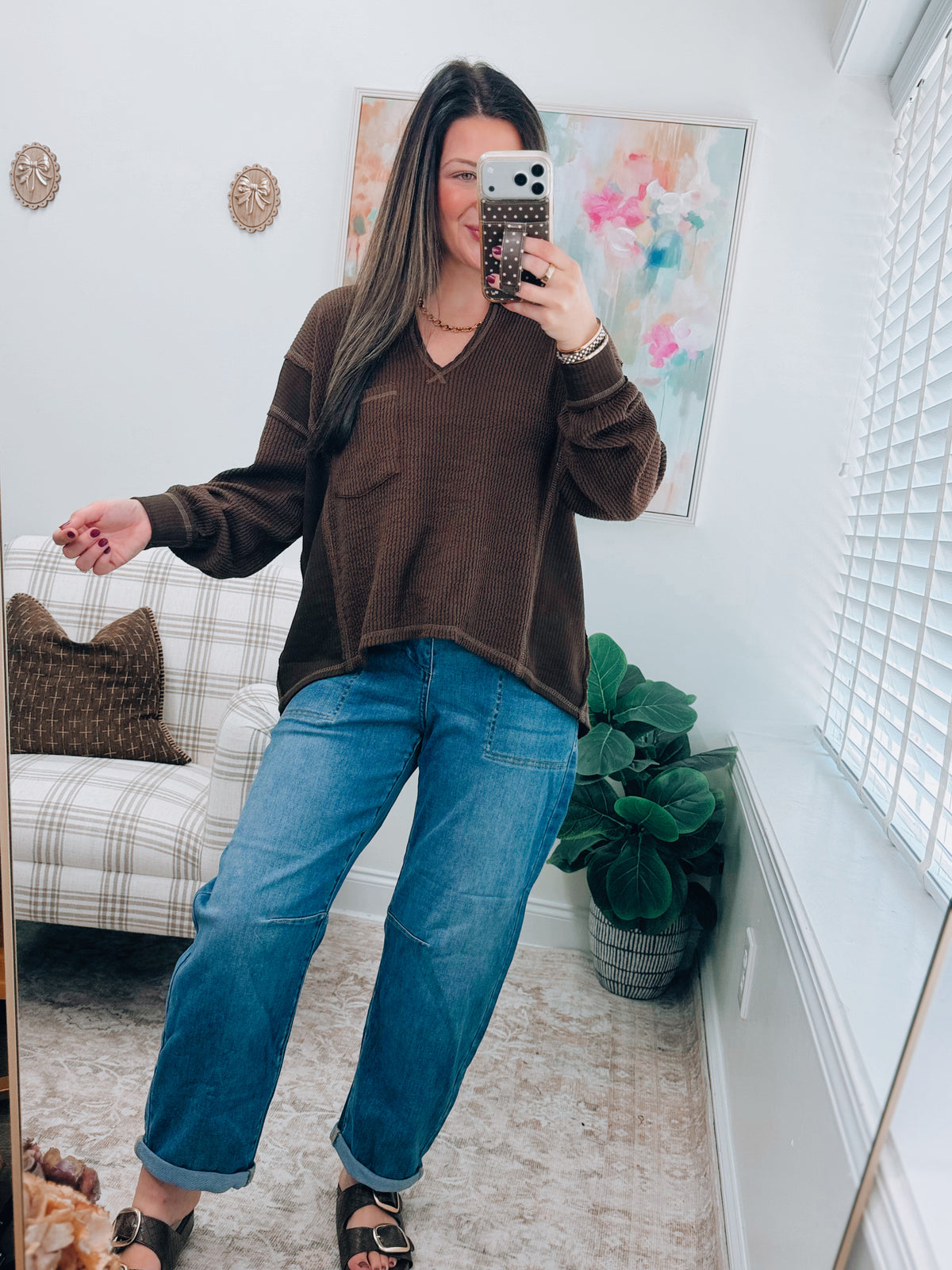 Chocolate Split Neck Raw Hem Sweater Top