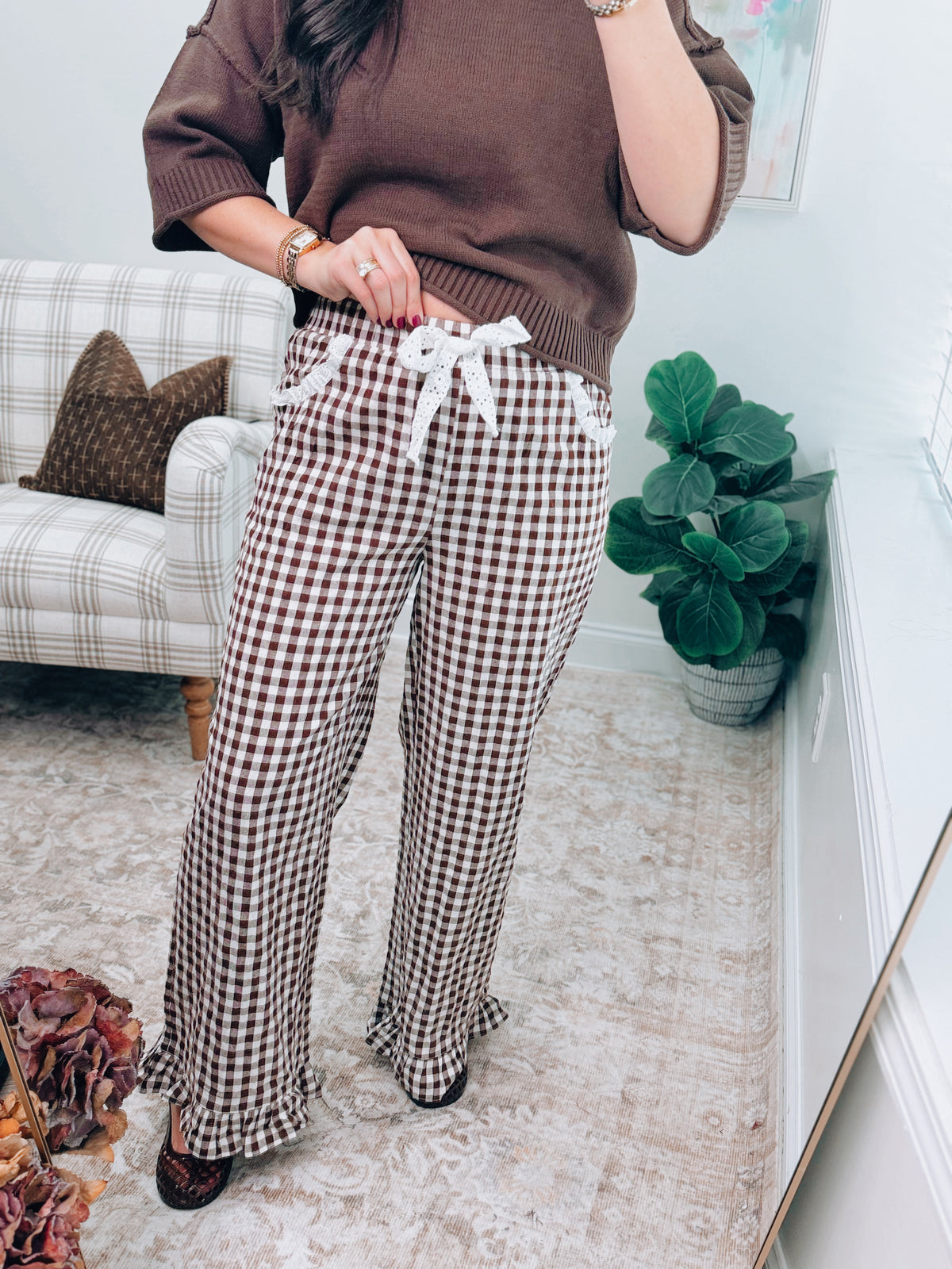 Brown Gingham Lace Ruffle Pants