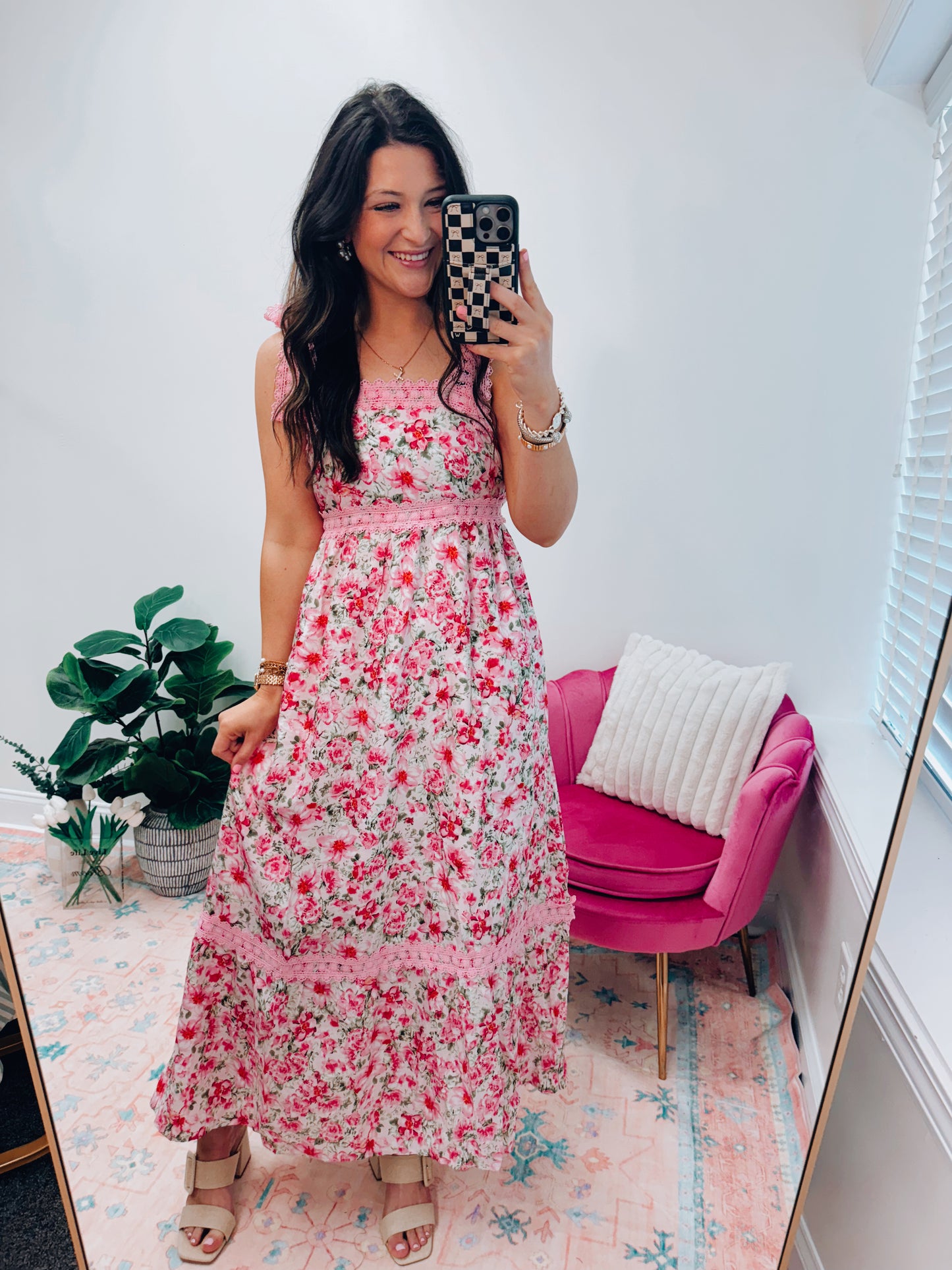 Pink Crochet Floral Maxi Dress