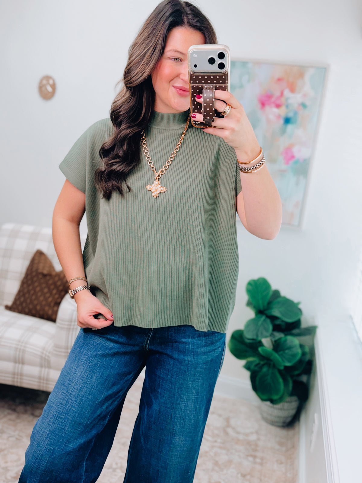 Veda Ribbed Mock Neck Top - Olive