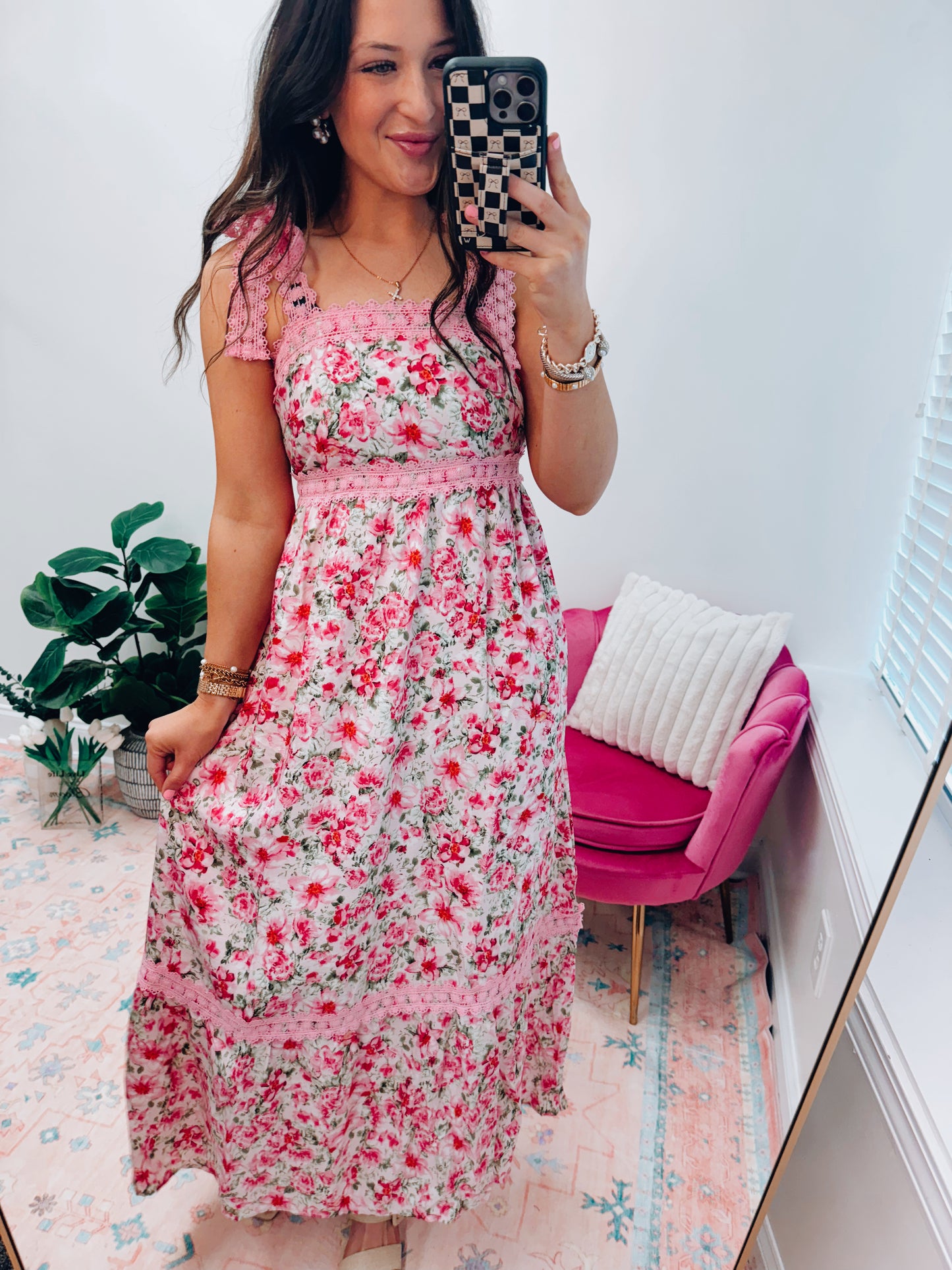 Pink Crochet Floral Maxi Dress