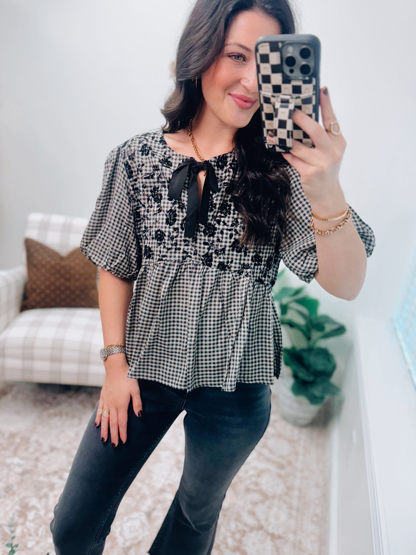 Sutton Gingham Embroidered Top