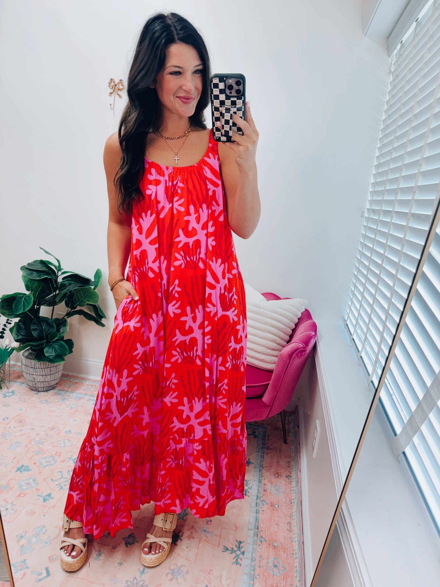 Tropical Coral Tiered Maxi Dress