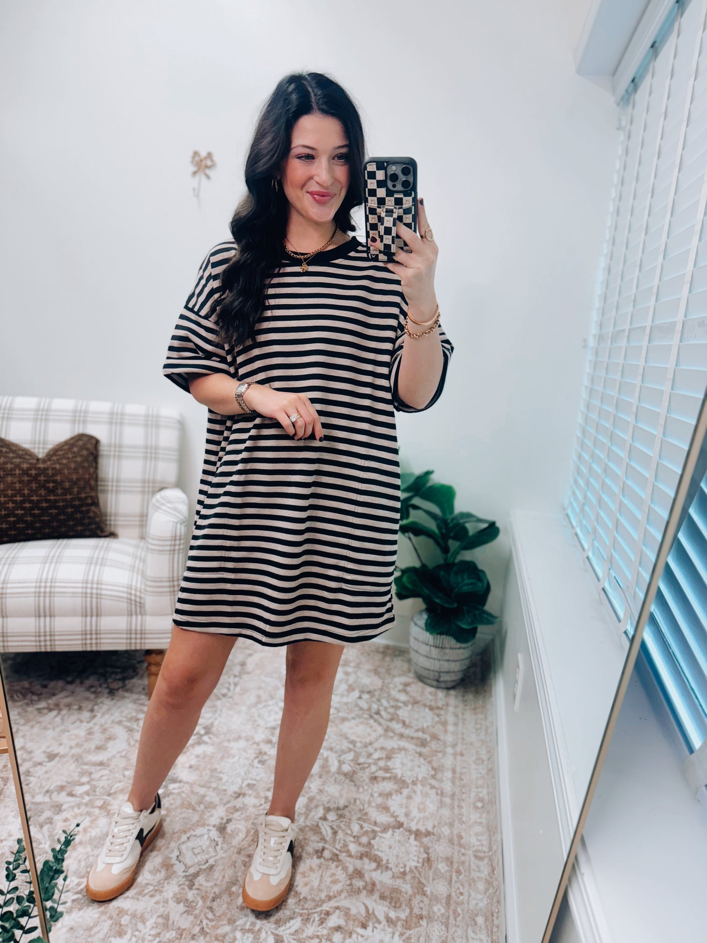 Stripe Knit Pullover Tee Dress - Black