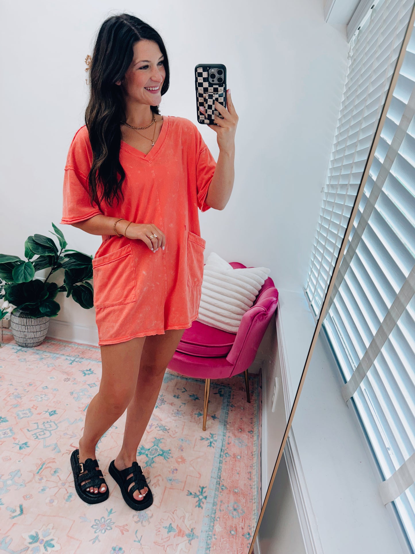 Mineral Washed Oversized Casual V Knit Romper - Coral