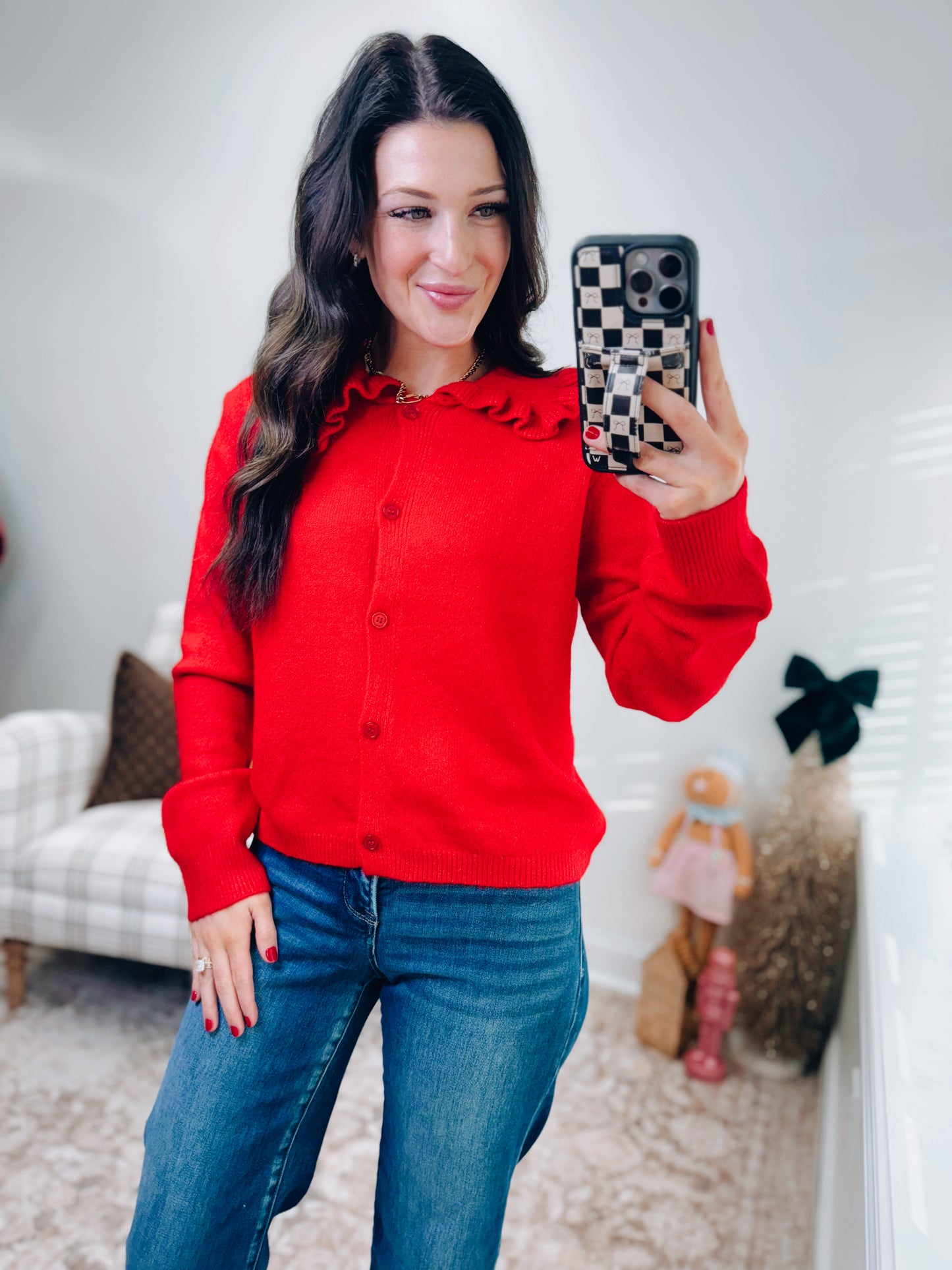 Ruffle Collar Cardigan Sweater - Red