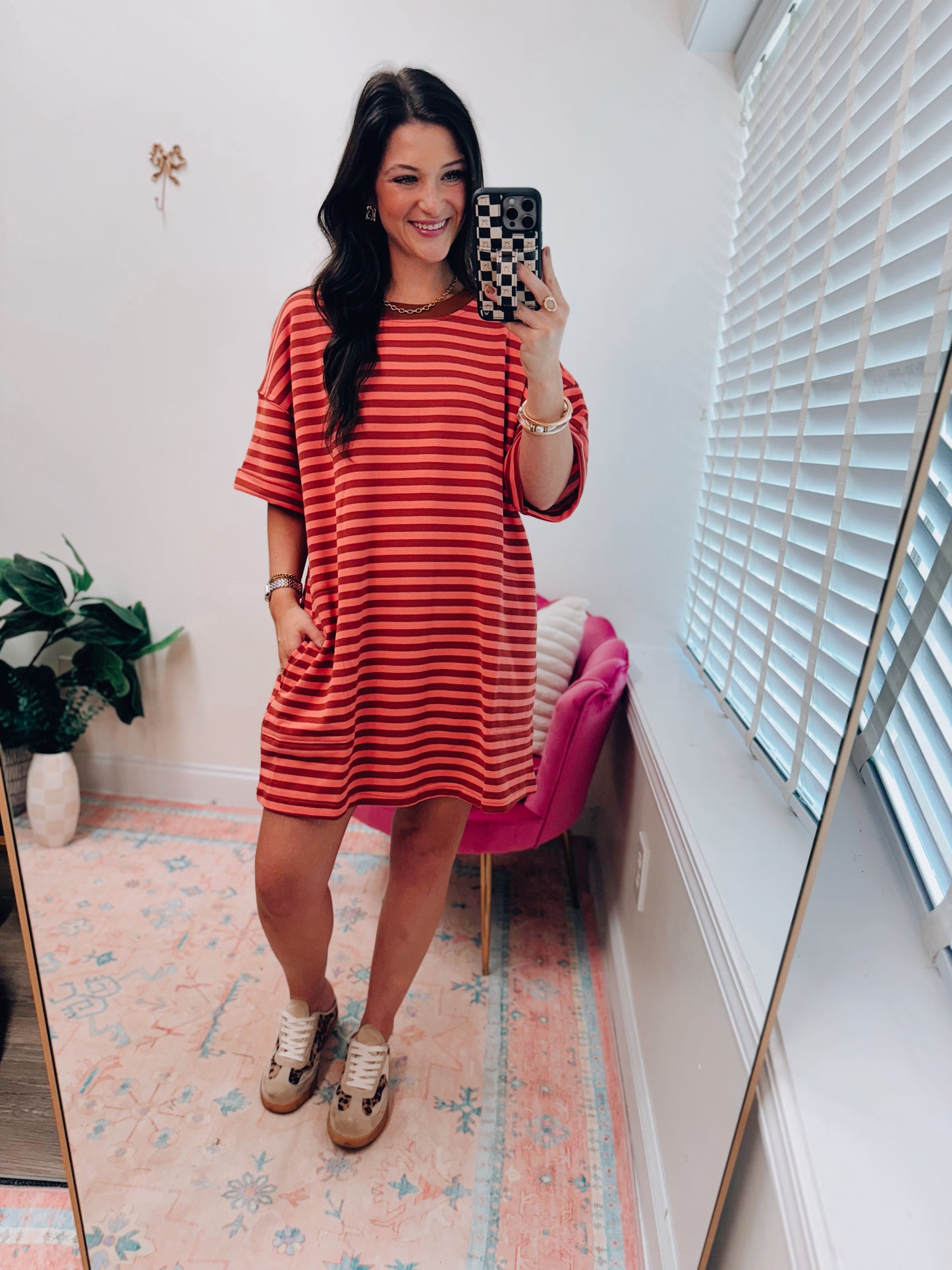 Stripe Knit Pullover Tee Dress - Rust