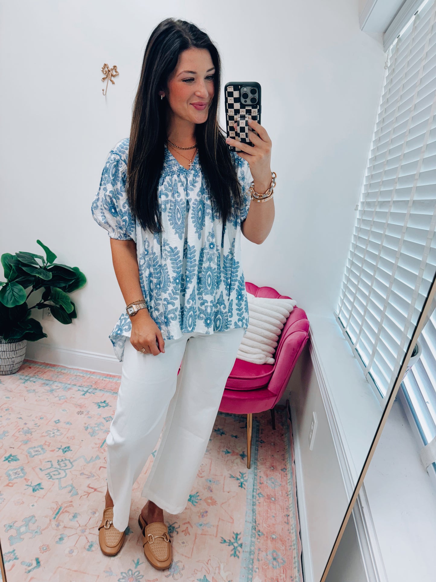 Lolli Smocked Blue Print Top