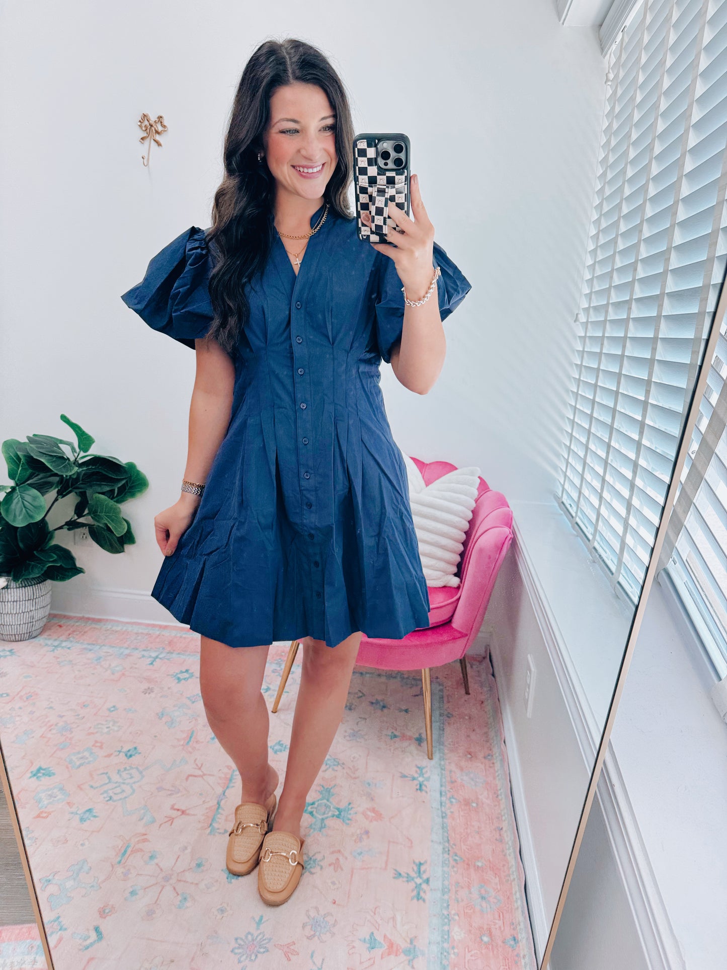 Navy Pleated Button Mini Dress