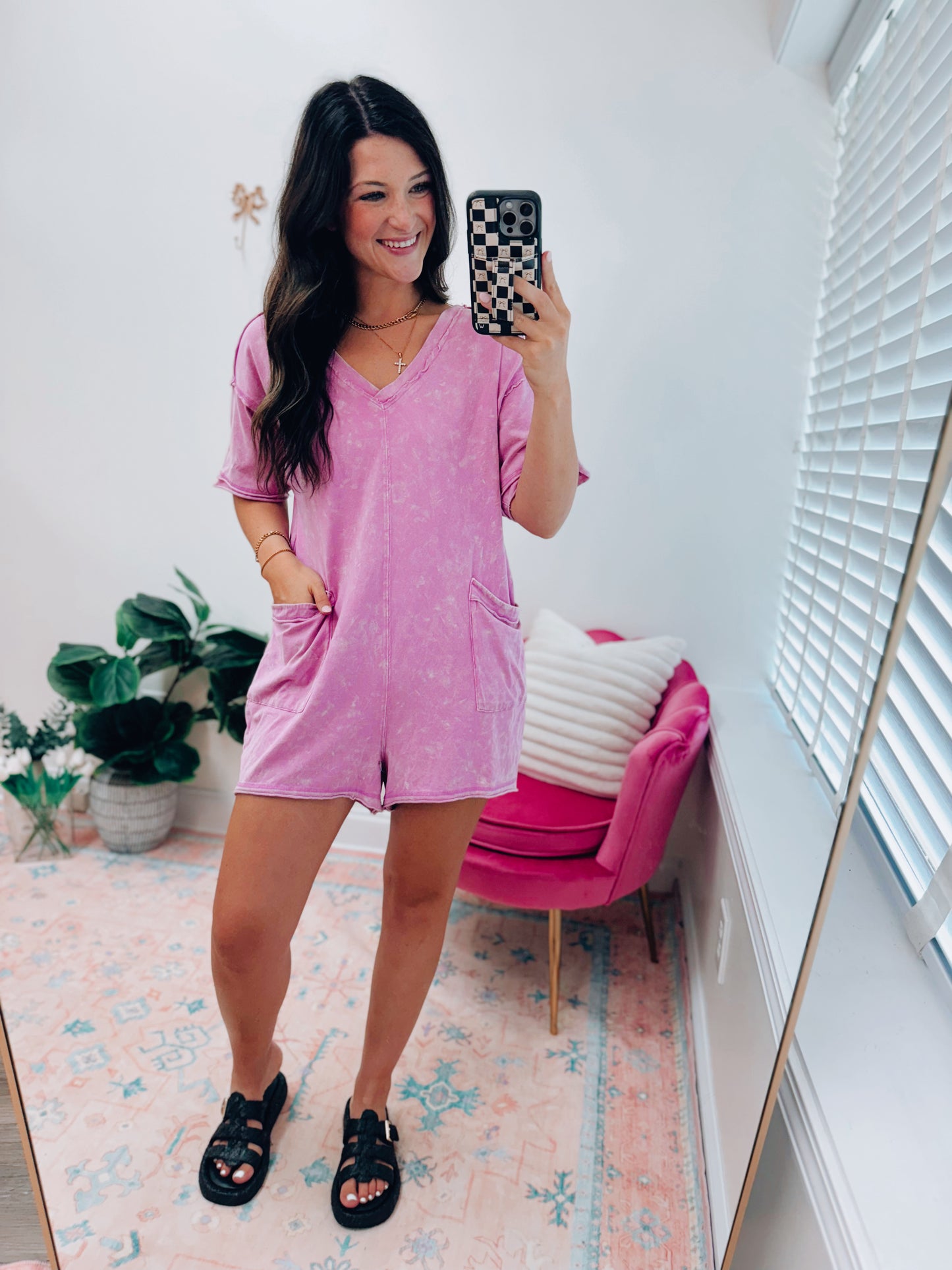 Mineral Washed Oversized Casual V Knit Romper - Orchid