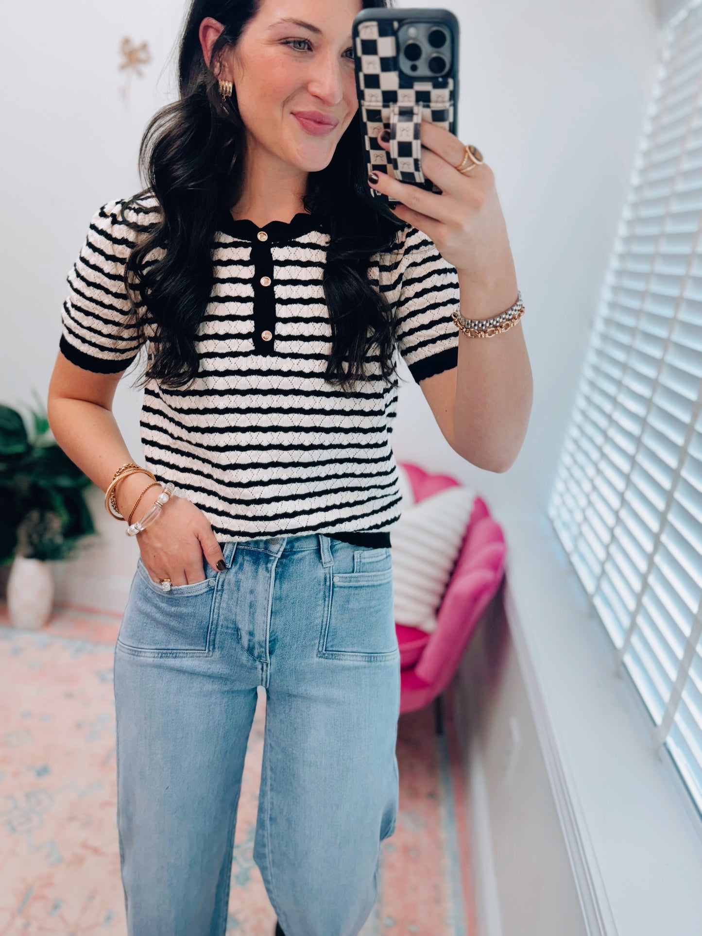 Chloe Striped Knit Gold Button Top