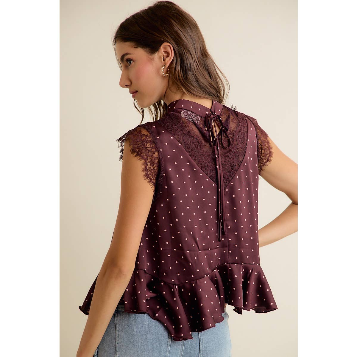 Wine Polka Dot Lace Trim Top