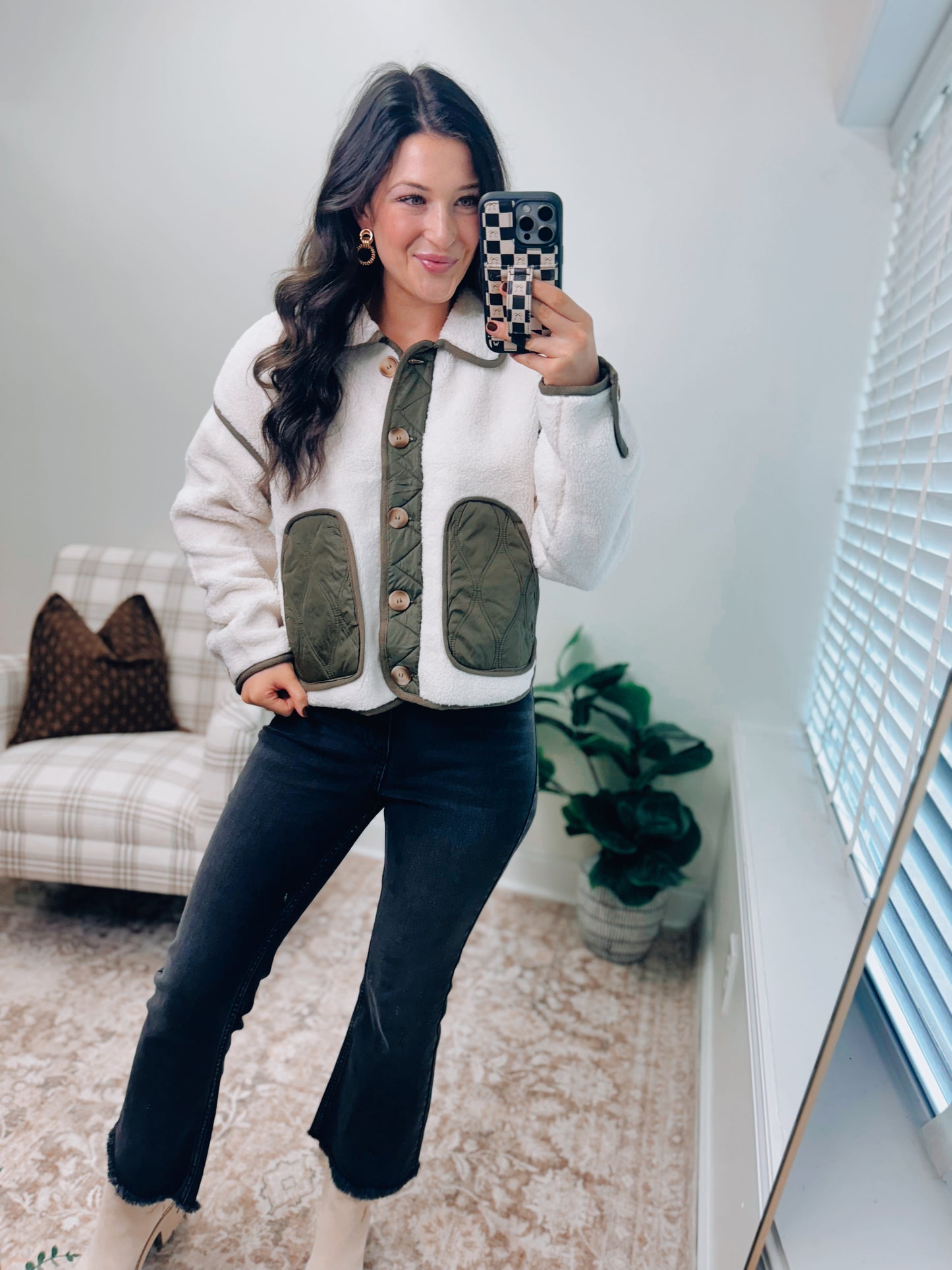 Shearling Button Olive Sherpa Jacket