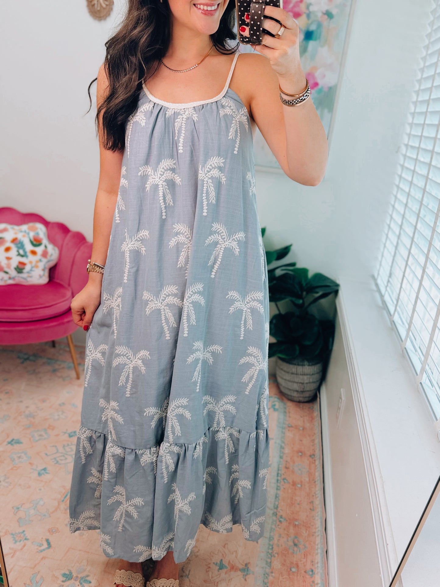 Dusty Blue Embroidered Tie Dress