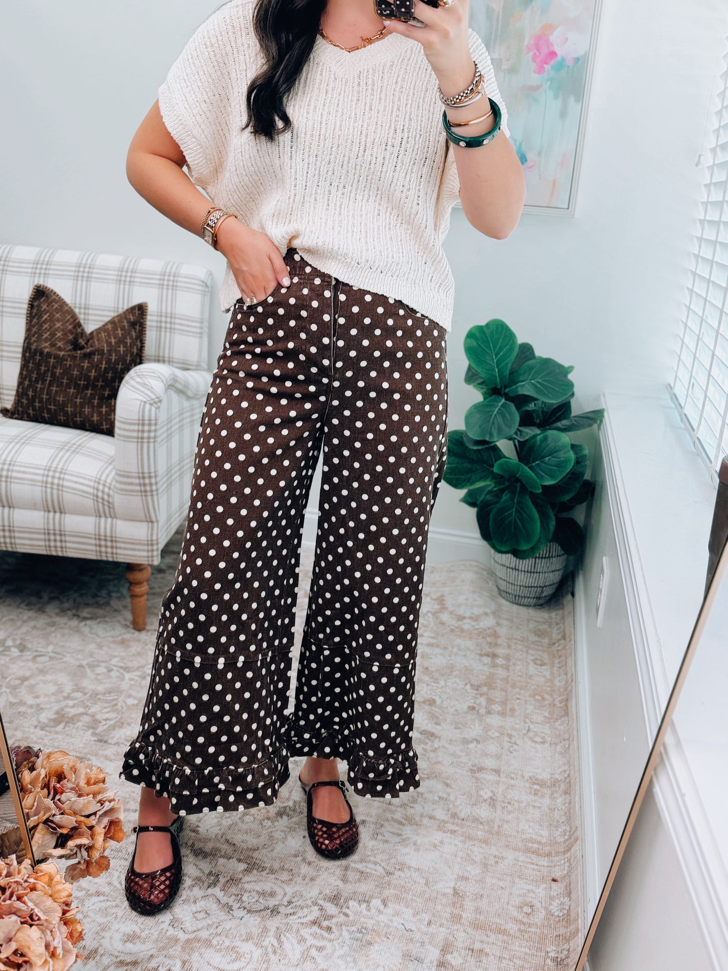 Chocolate Polka Dot Ruffle Denim