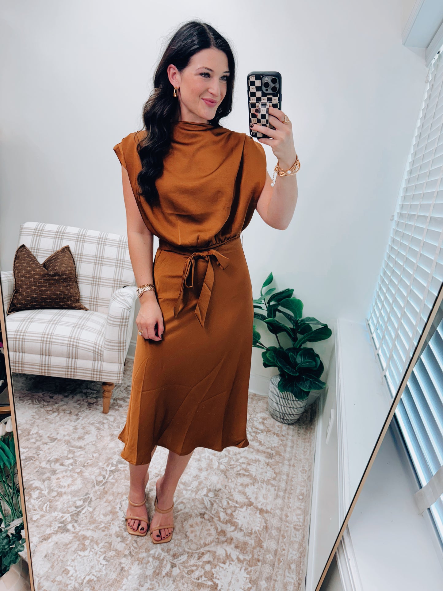 Maven Satin Cowl Neck Midi Dress - Camel