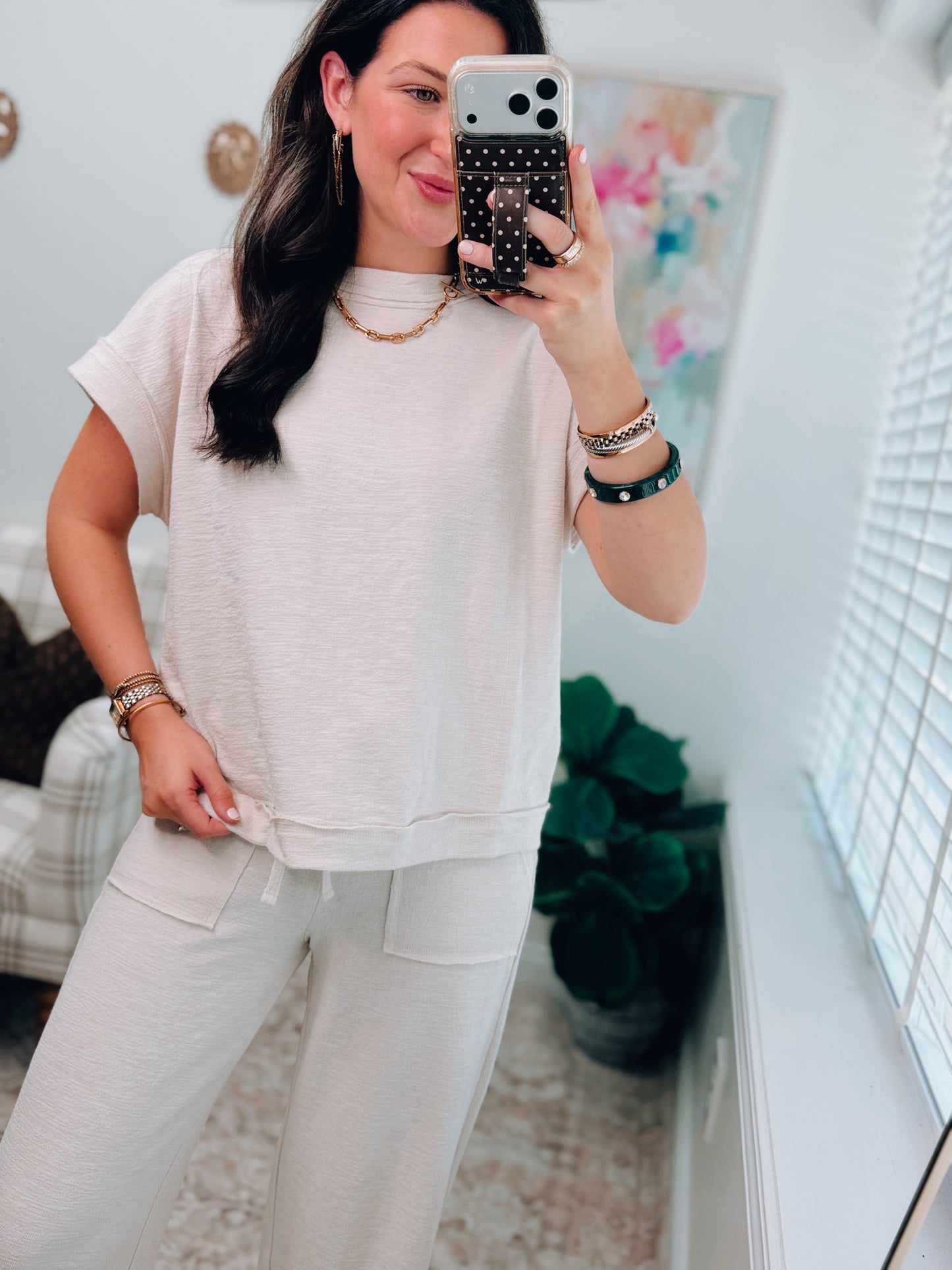 Sand Beige Textured Knit Pants Set
