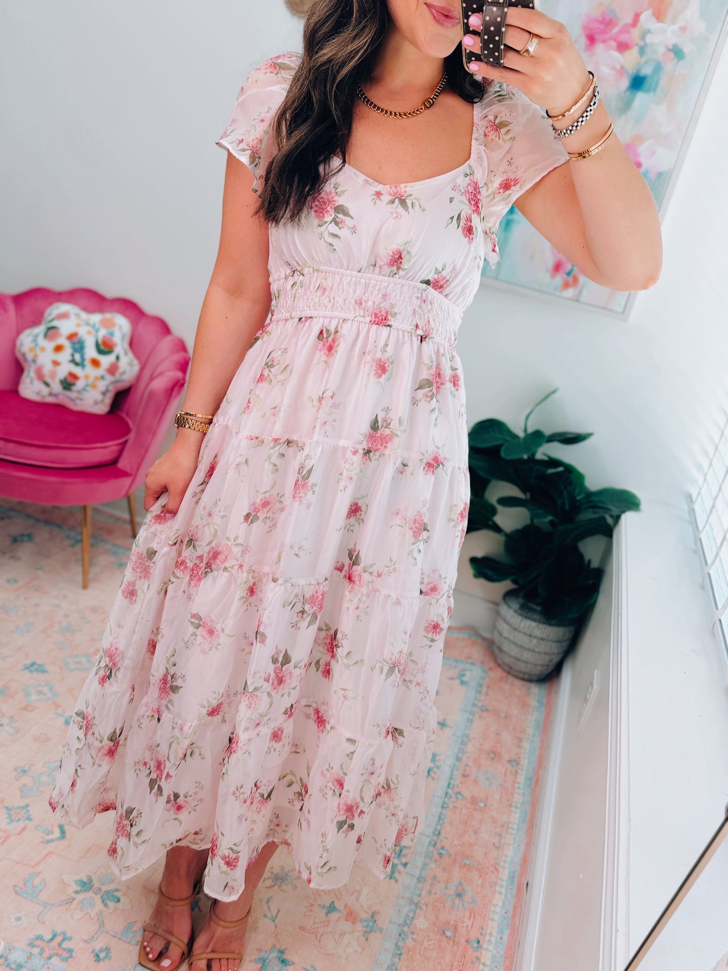 Floral Chiffon Shirred Midi Dress