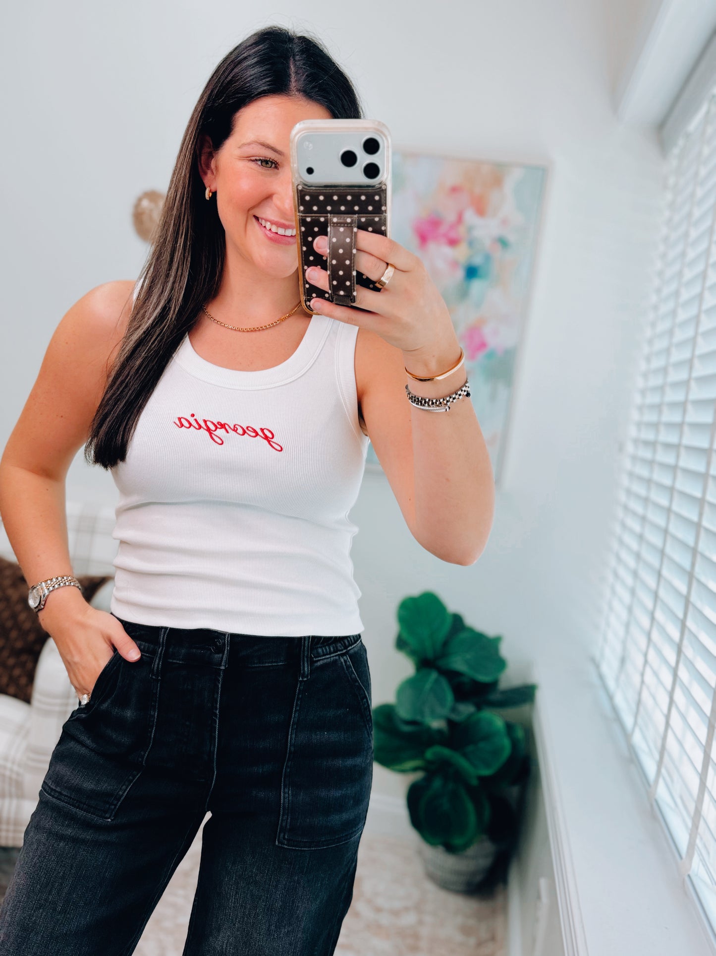 Georgia Embroidered Ribbed Tank Top - White