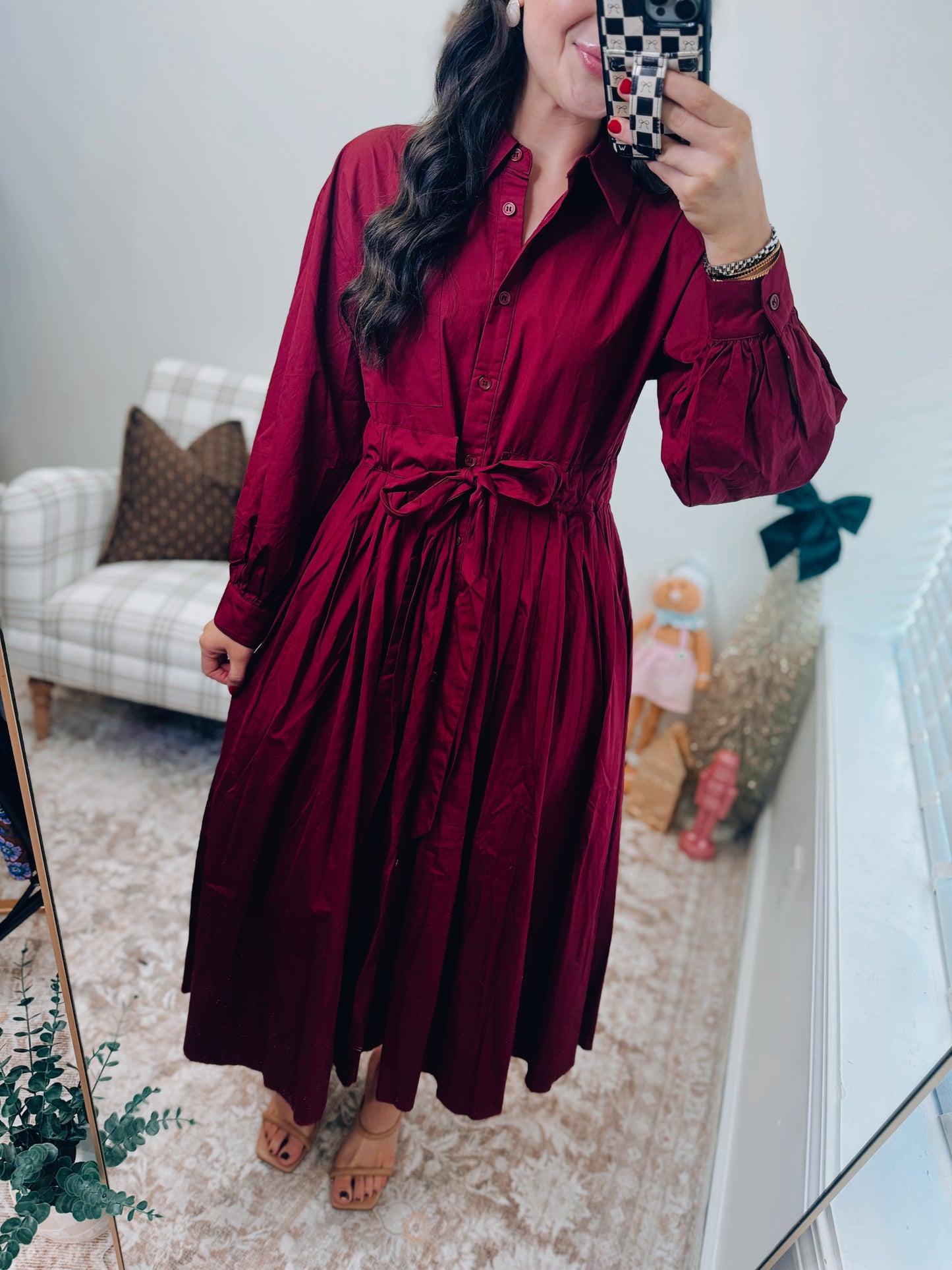 Burgundy Pleated Midi Tie Dress