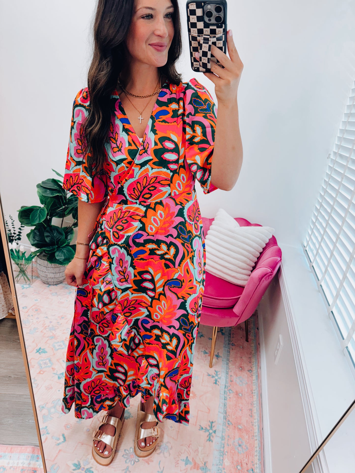 Rose Summer Tropicals Wrap Midi Dress