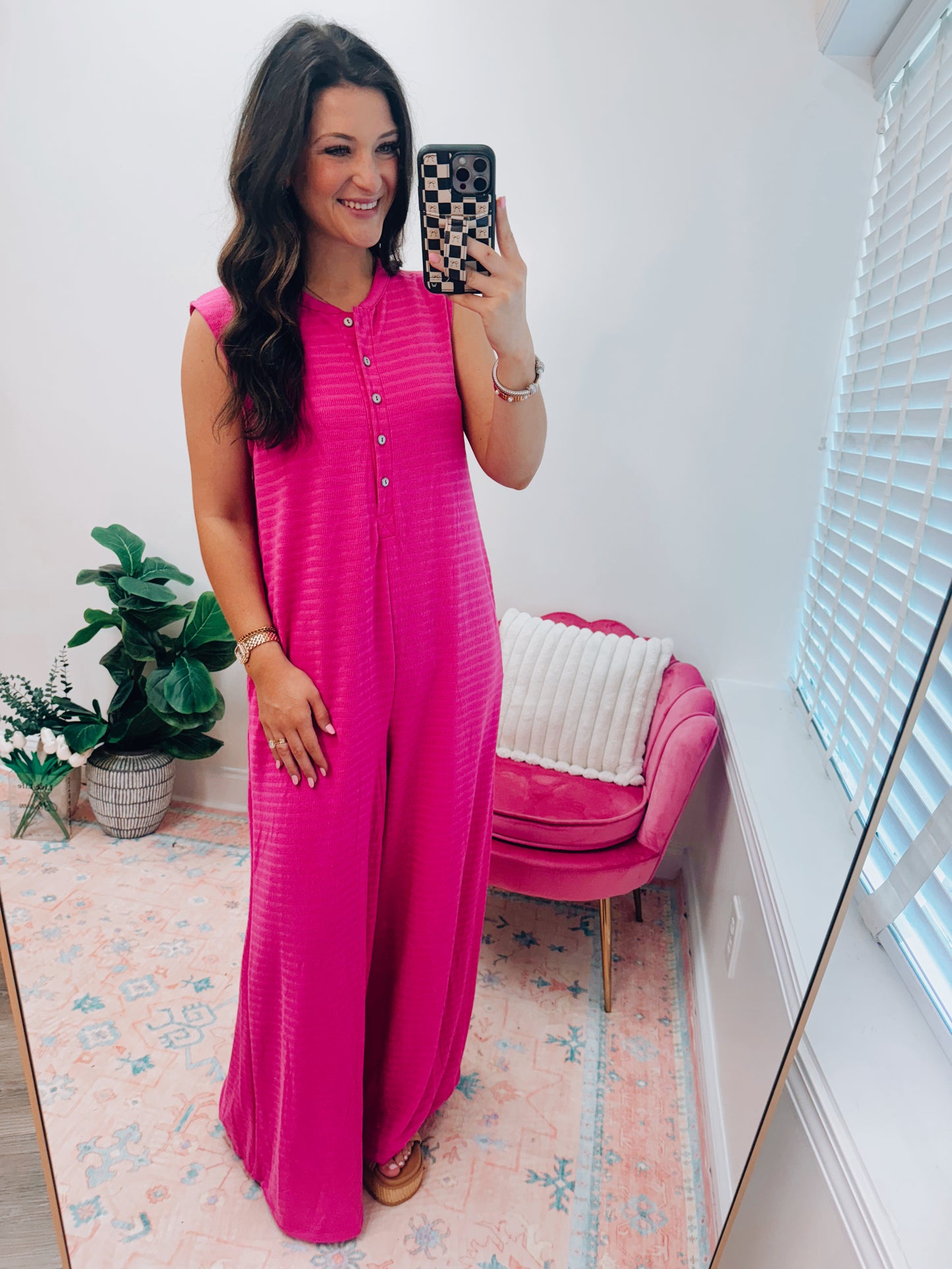 Fuchsia Textured Wide Leg Jumpsuit